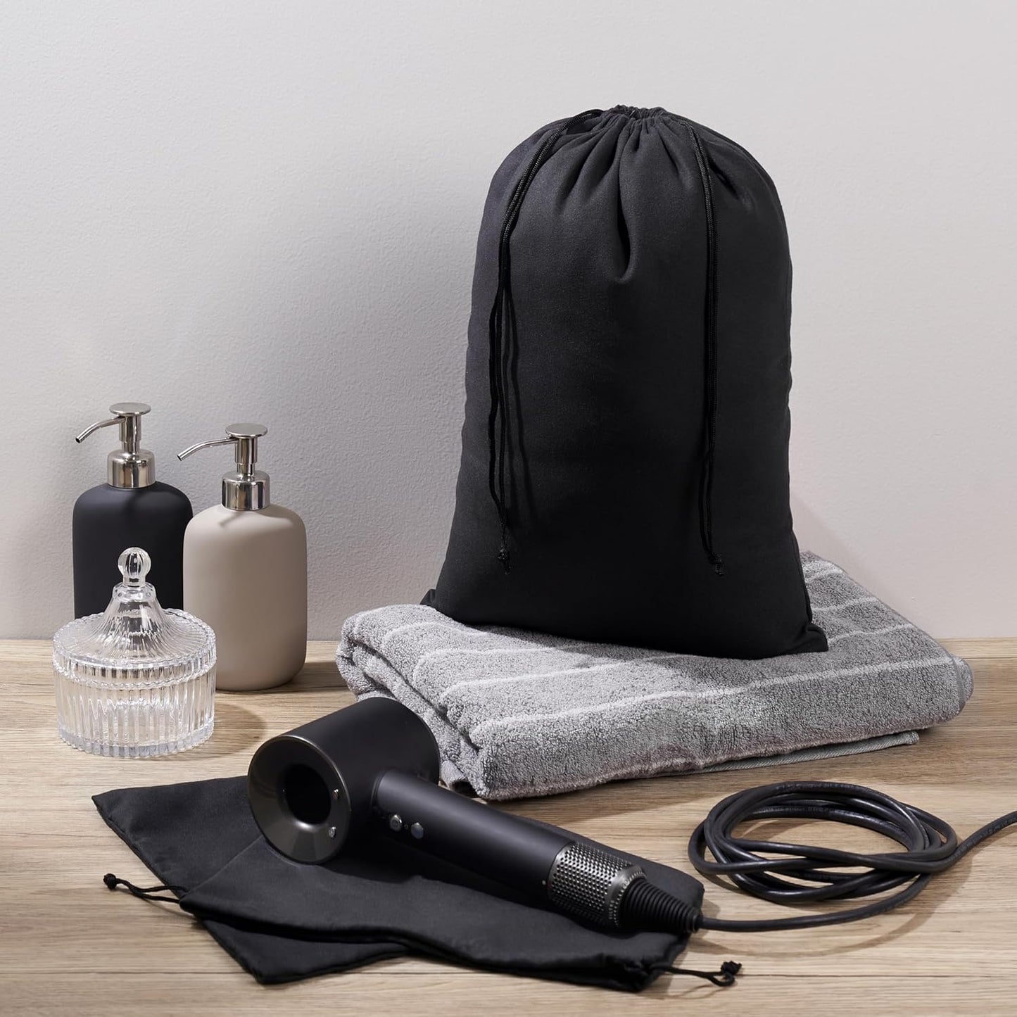 Premium Microfiber Drawstring Bags (Set of 5) – Multipurpose Travel Storage Pouches for Cords, Toiletries, Jewelry, Shoes – Durable Organizer with Strong Drawstring Closure (Black, 10 x 15 Inches)