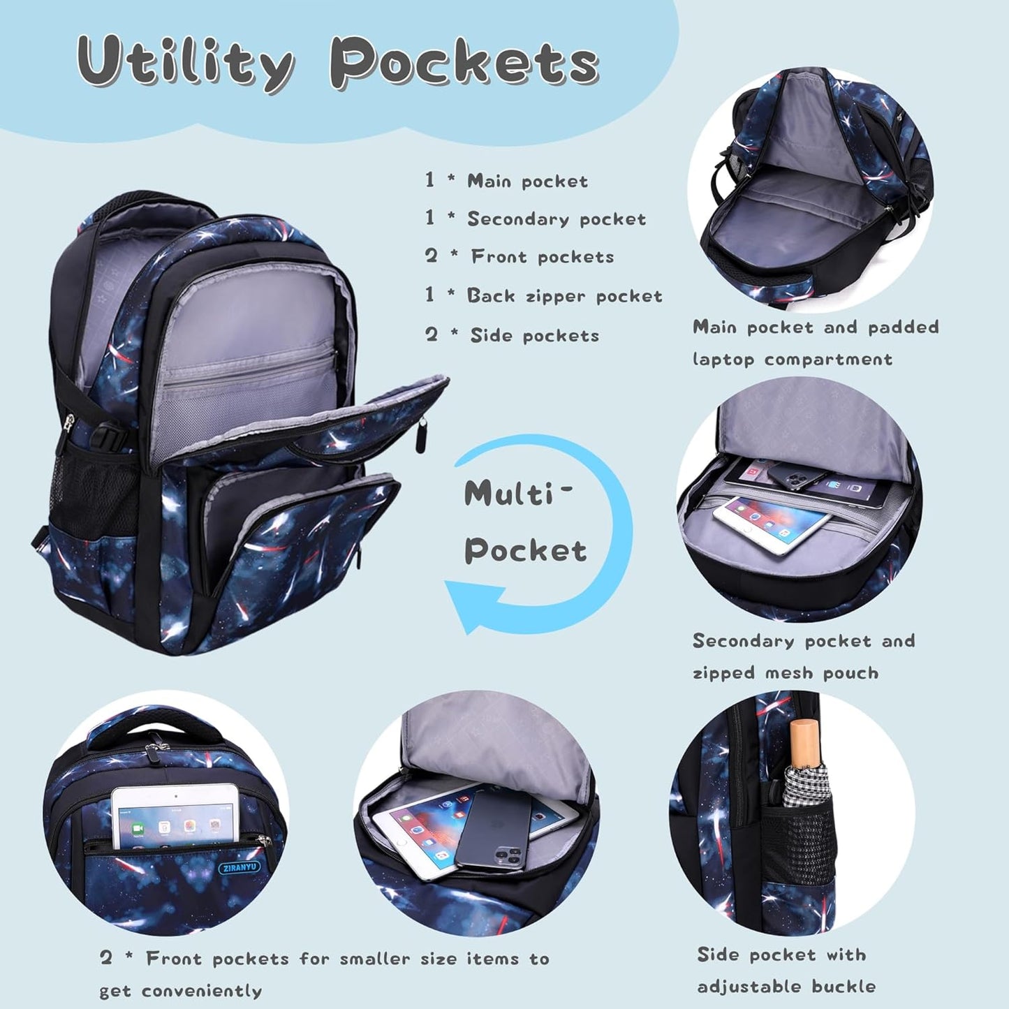 Galaxy Backpacks for Boys School Elementary, Water-resistant Boys Backpacks Middle School Bags, Dark-blue