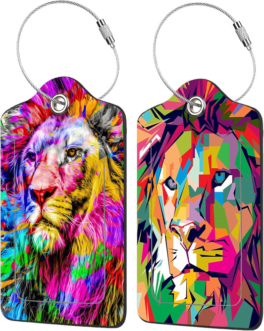 2 Pack Colorful Lion Luggage Tag for Suitcases Abstract Creative Lion PU Leather Bag Travel Suitcase ID Identifier Baggage Tags for Women Men Travel