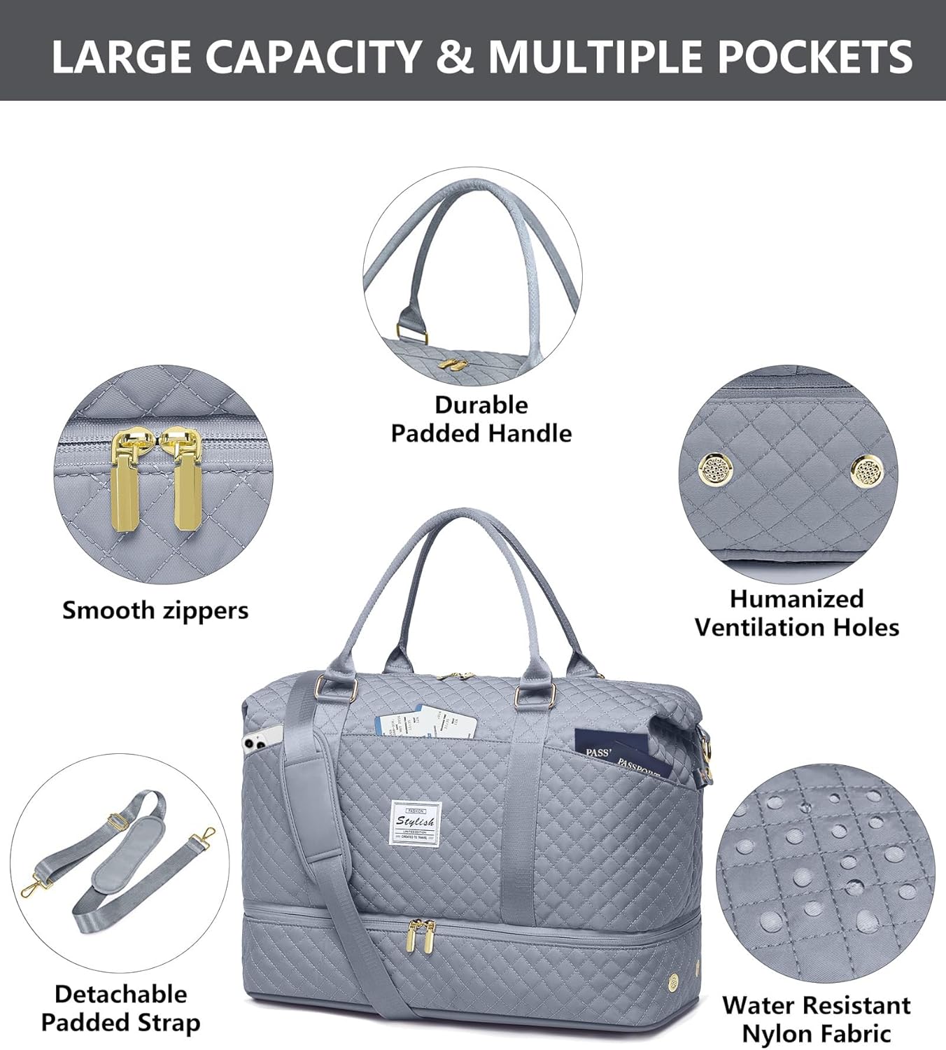 Travel Overnight Bag Weekender Bags- Duffle Bags Women with Shoe Compartment Carry on Overnight Bag with Toiletry Gym Duffel with Wet Pocket Hospital Bags Grey