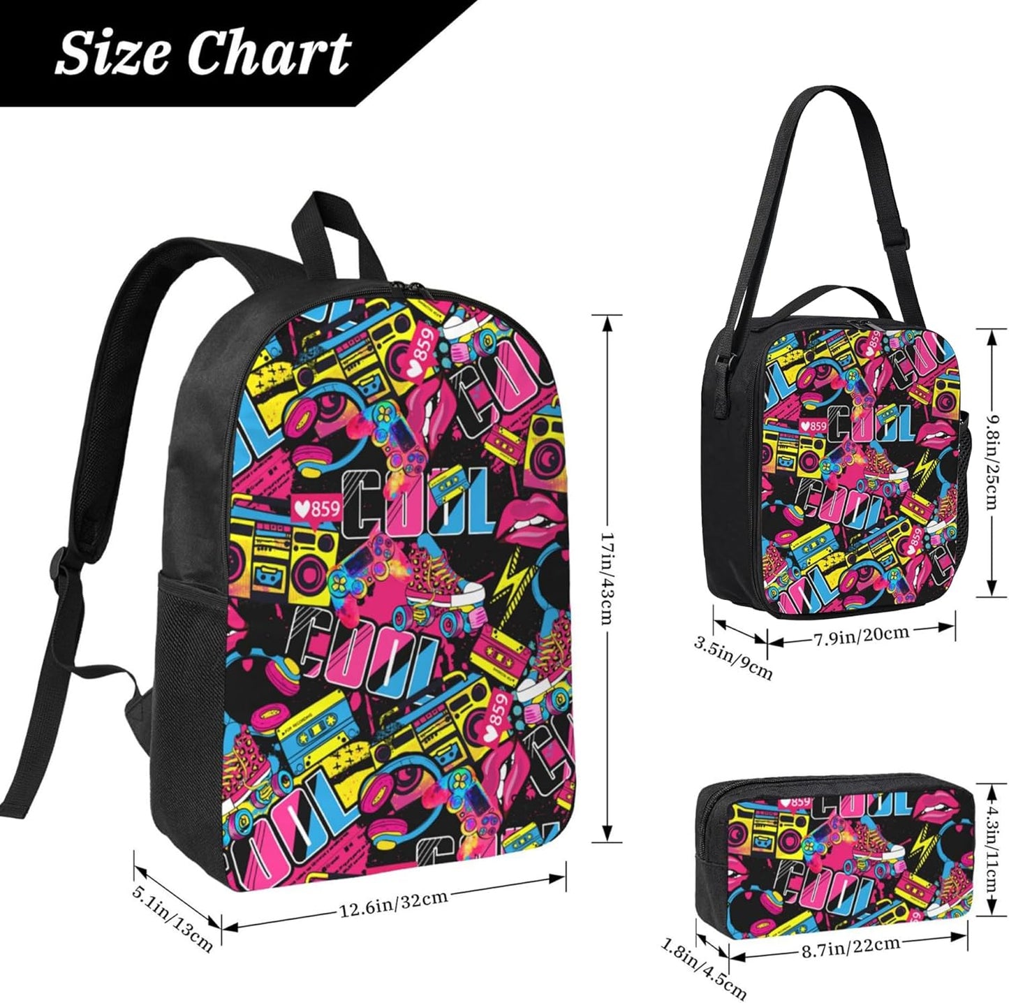 Hip Hop Kid Graffiti Backpack Set with Lunch Bag & Pencil Case Large Capacity School Bag 17 Inch Bookbag for Boy Girl