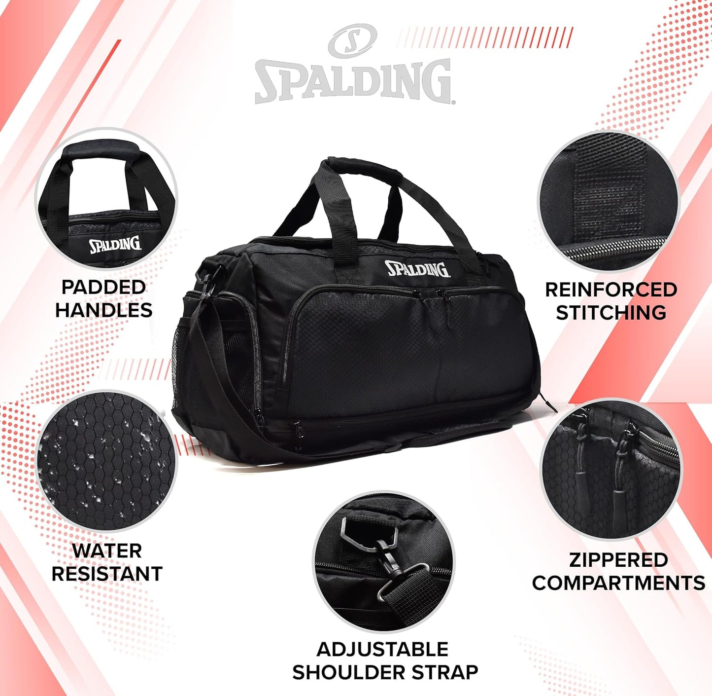 Spalding Gym Bag for Women and Men, Large Sports Duffle Bag with Shoe and Wet Pocket, 10 Zippered Compartments, Waterproof Workout Travel Bags with Adjustable Strap, Lightweight Fitness Duffel, Black