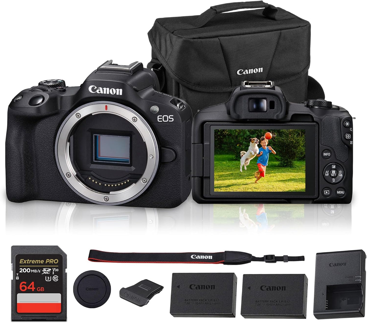 Canon EOS R50 Mirrorless Camera | 24.2MP APS-C, 4K 30p Video, Dual Pixel AF II, 15fps Burst, Vari-Angle Screen, Beginner Vlogging Camera (5811C002) + LP-E17 Battery + Canon Shoulder Bag + 64GB Card