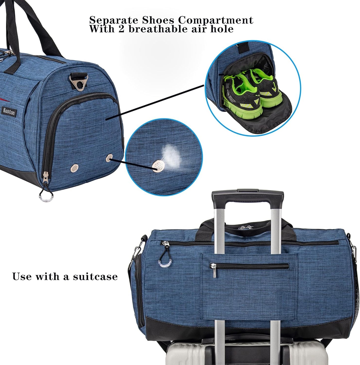 Kuston Sports Gym Bag with Shoes Compartment, Trolley Sleeve and Wet Pocket Gym Duffel Bag Overnight Bag-Upgraded