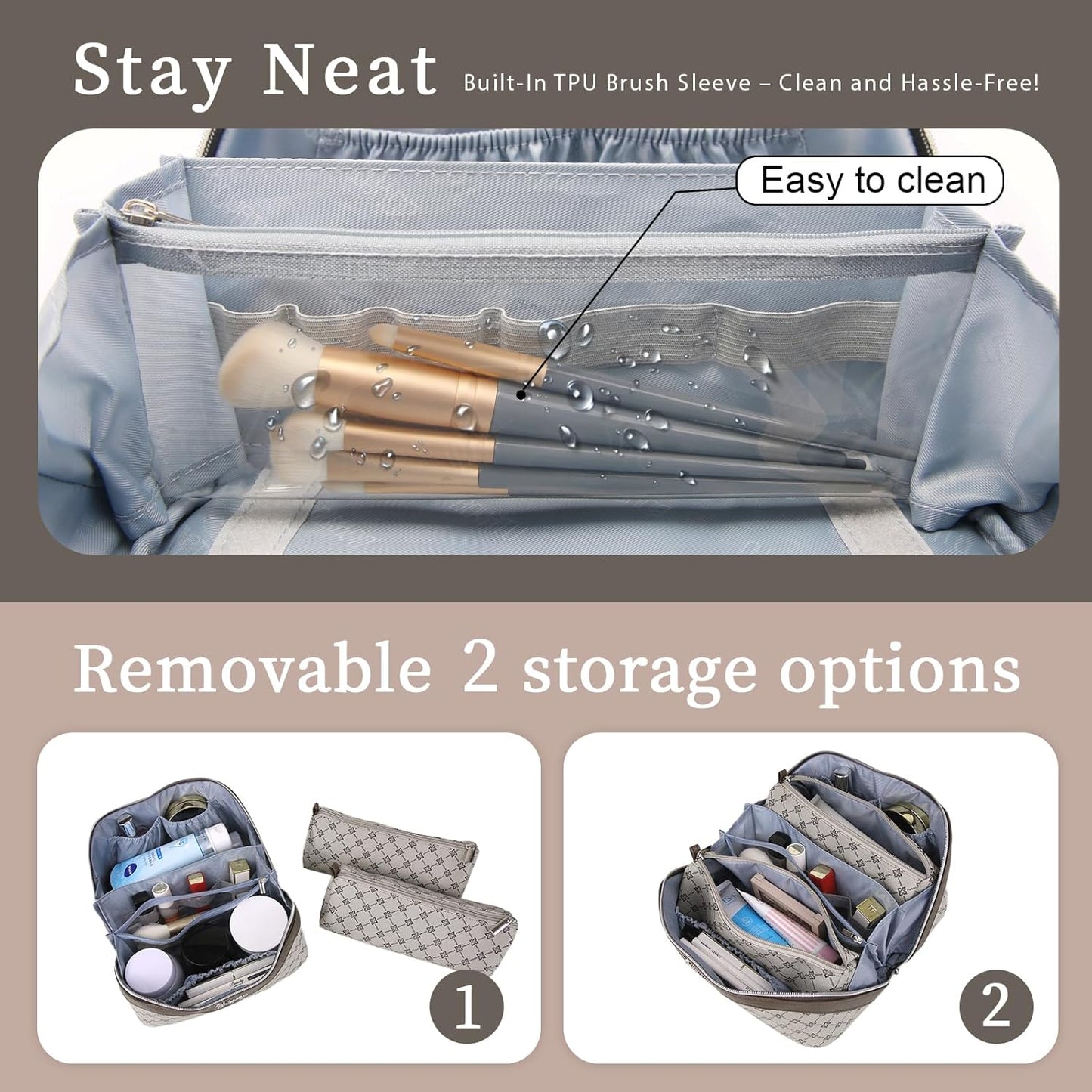 BOYATU Travel Makeup Bag Cosmetic Bags for Women: 3 Pcs Set Large Portable Make up Bag with Handle - Vegan Leather Toiletry Bags with Compartments - Makeup Organizer for Travel Essentials(A-3-Khaki)