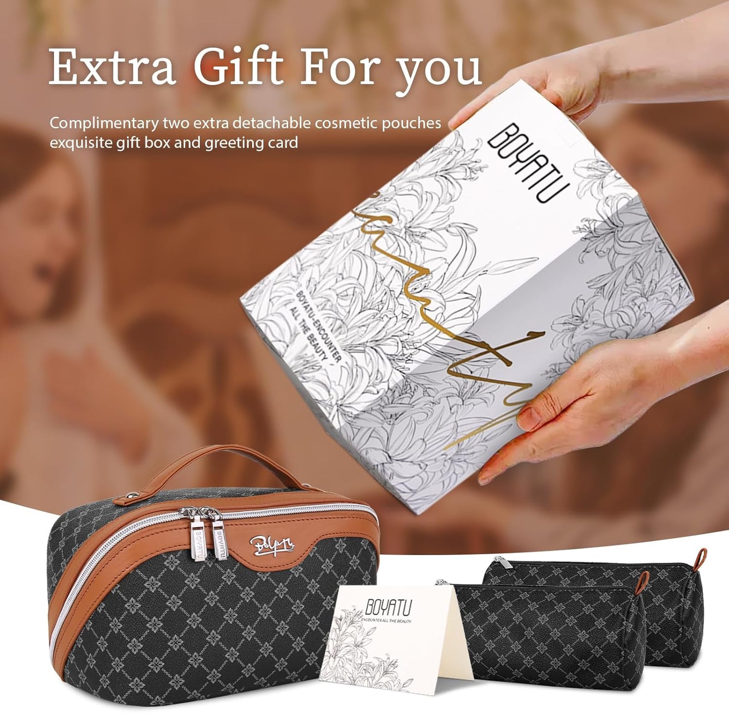 BOYATU Travel Makeup Bag Cosmetic Bags for Women: 3 Pcs Set Large Portable Make up Bag with Handle - Vegan Leather Toiletry Bags with Compartments - Makeup Organizer for Travel Essentials(A-4-Black)