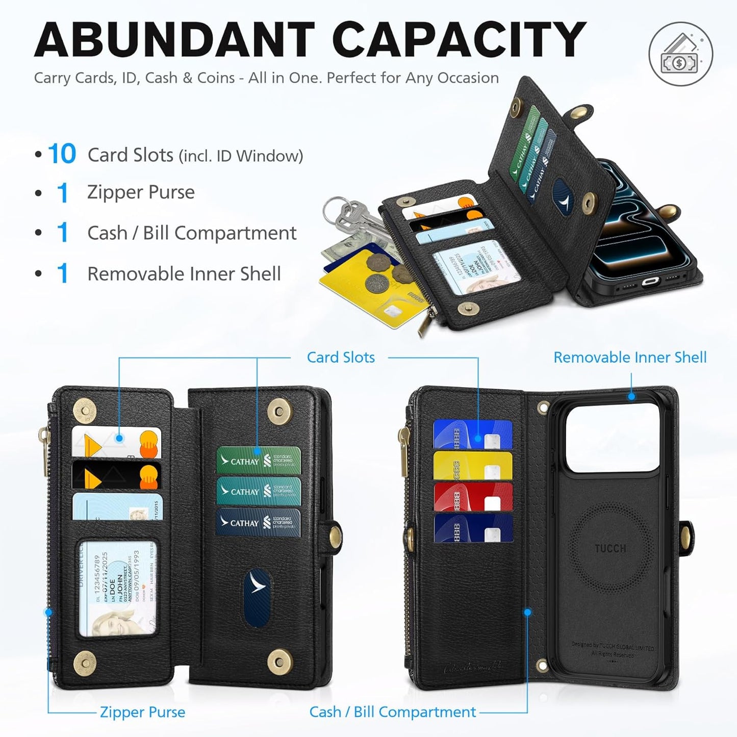 TUCCH Removable Crossbody Case Wallet for iPhone 17 Pro Max, 10 Card Slots RFID Blocking, Stand, Lanyard, Wrist Strap, Wireless Charging, Zipper Pocket, PU Leather, Magnetic Flip Cover, Textured Black