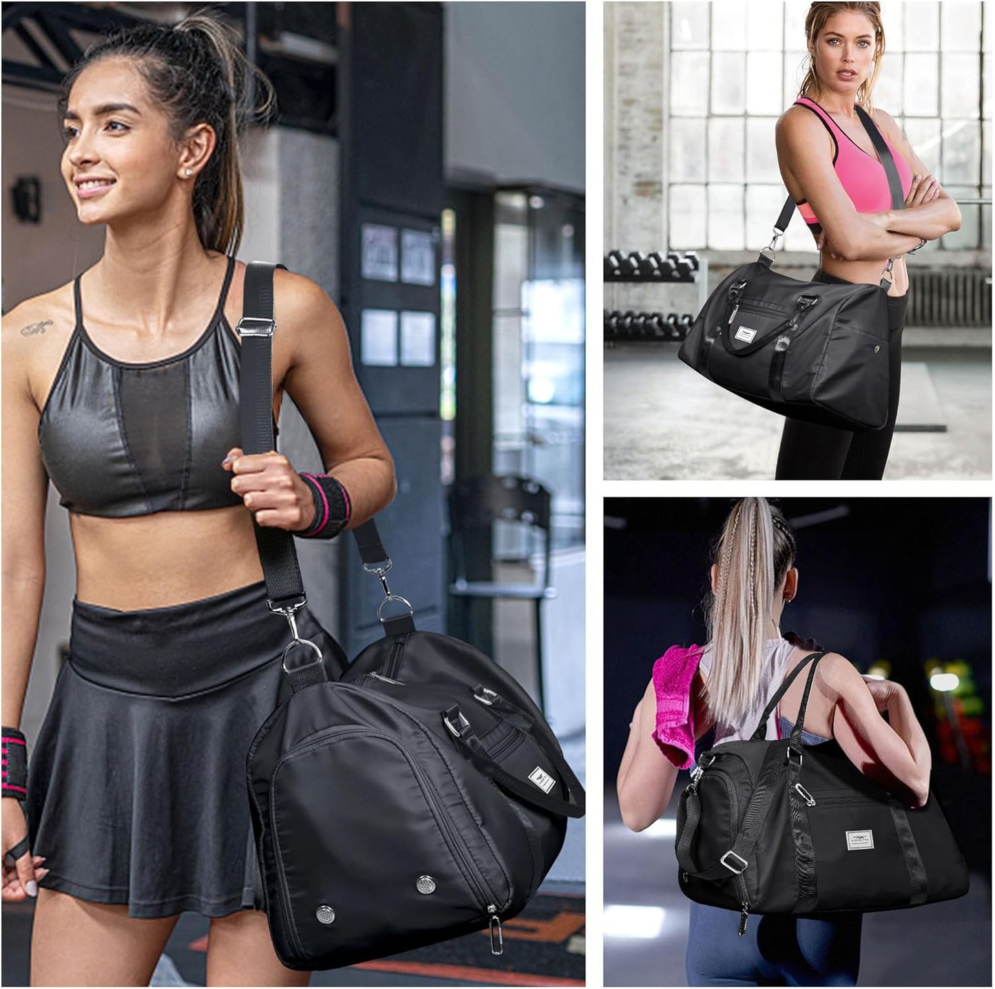 FIORETTO Womens Gym Tote Duffle Bag with Wet Pocket & Shoe Compartment, Sports Duffel Overnight Weekender Hospital Workout Carry on Bag for Girls, Ideal for Travel, Swimming, Dance, Ballet Black