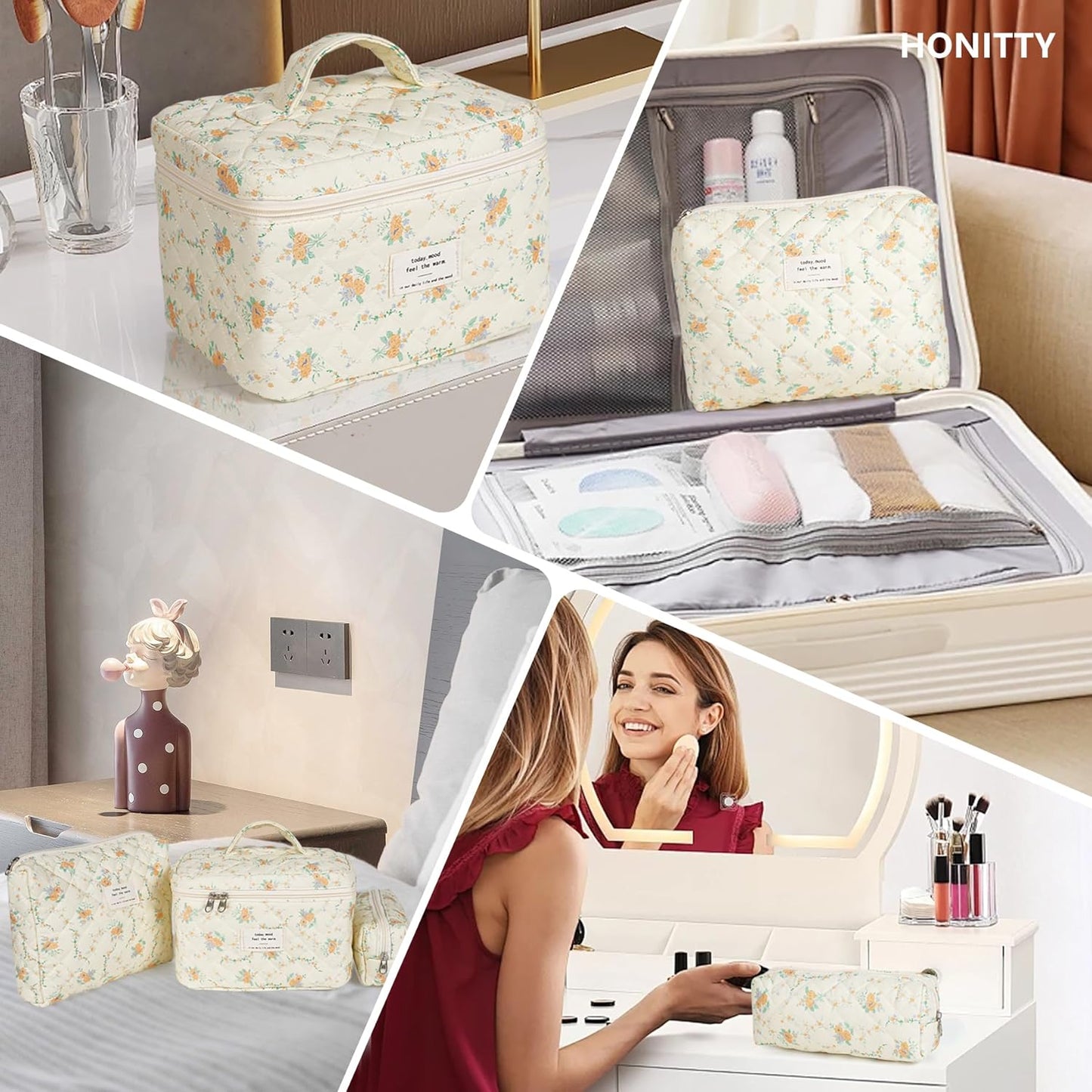 Makeup Bag,Quilted Cosmetic Bags,Large Floral Make Up Organize bag,Makeup Bag Set for Women,Flower Travel Toiletry Bag
