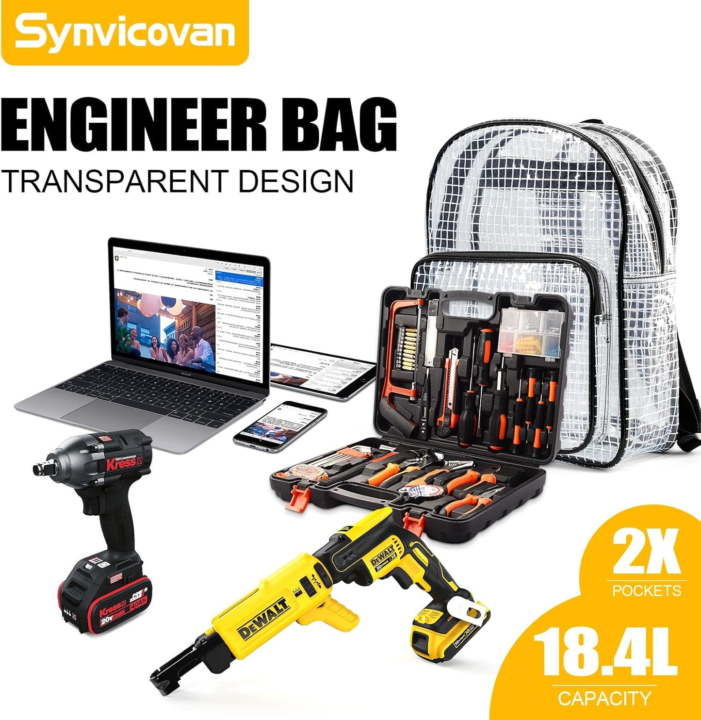 15.7 Inch Tool Backpack-Transparent & Anti-static Cleanroom Engineer Tool Bag for Work and Travel（fabric shoulder straps）