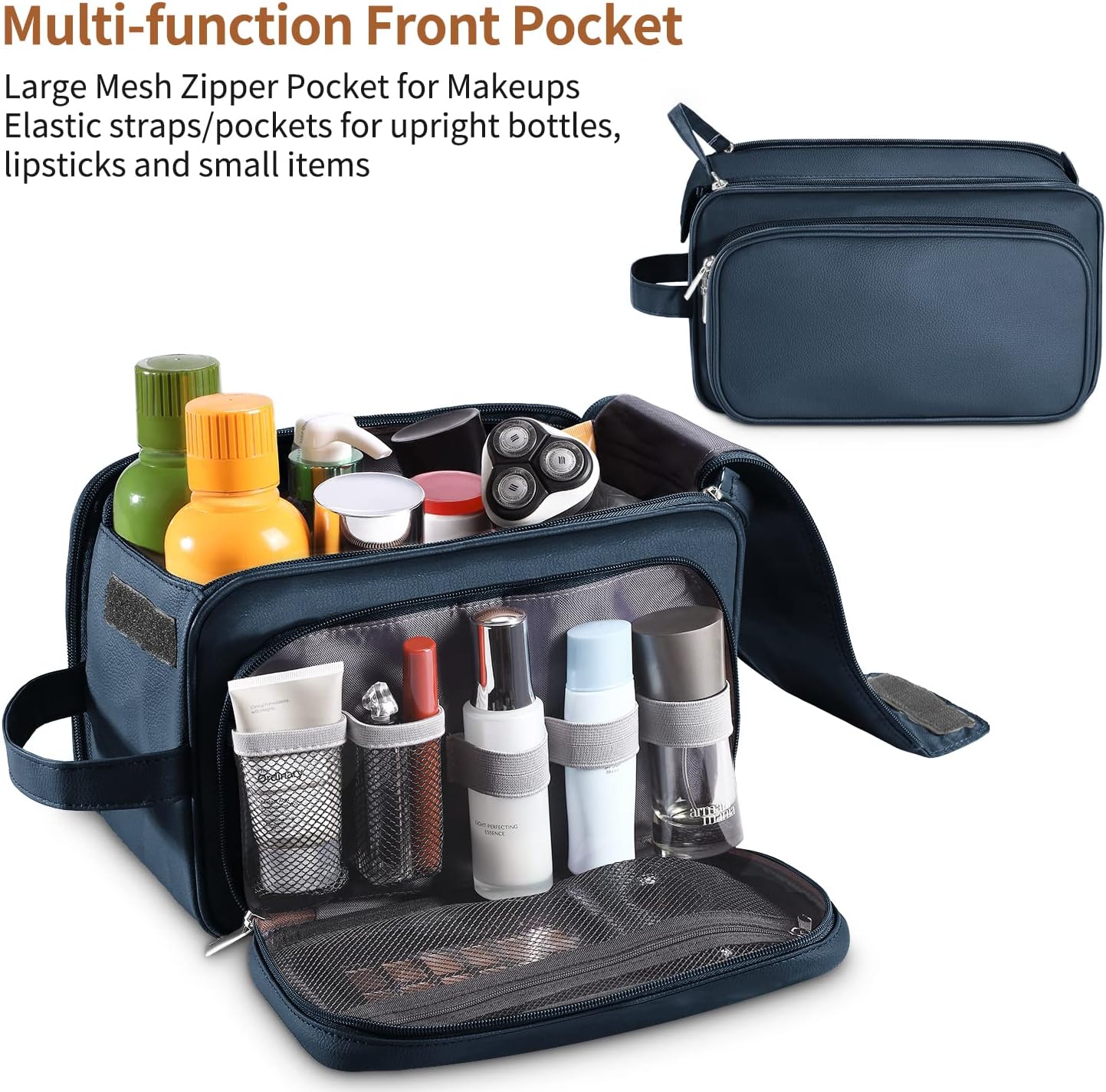 Buruis Extra Large Toiletry Bag for Men, Travel Toiletry Organizer Dopp Kit Water-resistant Shaving Bags, PU Leather Cosmetic Bathroom Shower Bag for Toiletries, Grooming, Accessories (Blue)