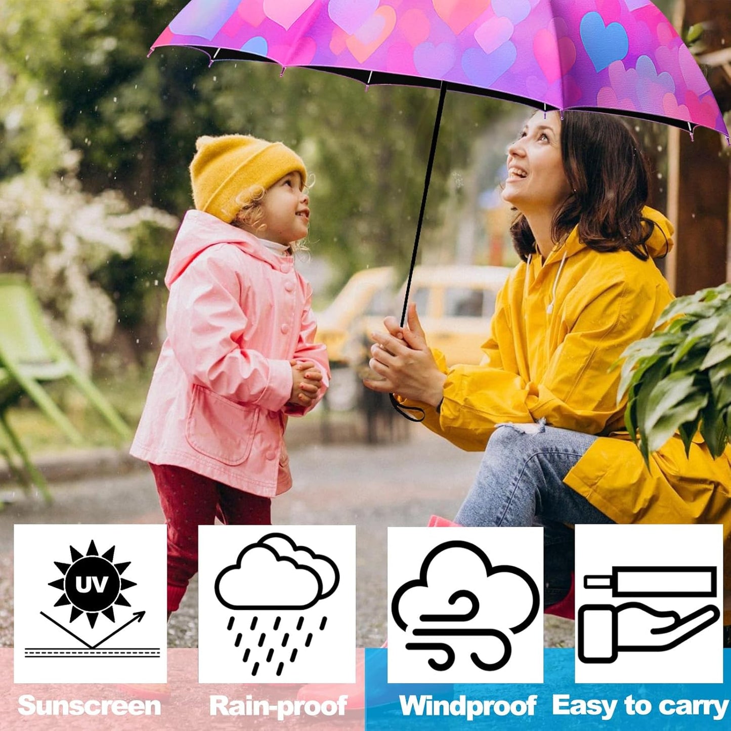 Small Travel Folding Umbrella for Girl, Portable, UV, SunShade, Compact, Automatic, Rain & Wind