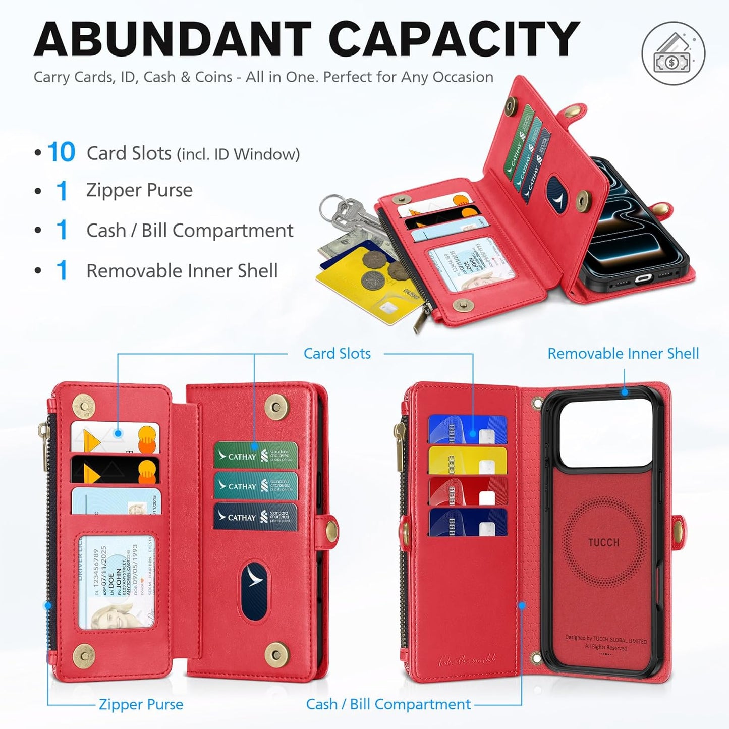 TUCCH Detachable Crossbody Wallet Case for iPhone 17 Pro Max 6.9", 10 Card Slots RFID Blocking | Stand | Lanyard Wrist Strap | Wireless Charging | Zipper Pocket | PU Leather Magnetic Cover | Red