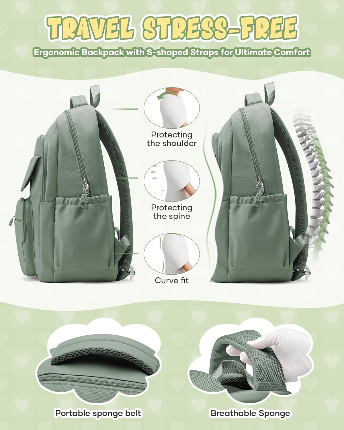 School Backpack for Women Men Cute Backpack for College Students Lightweight High School bag for Teens Girls Boys Waterproof Casual Daypacks Bookbag(Green)