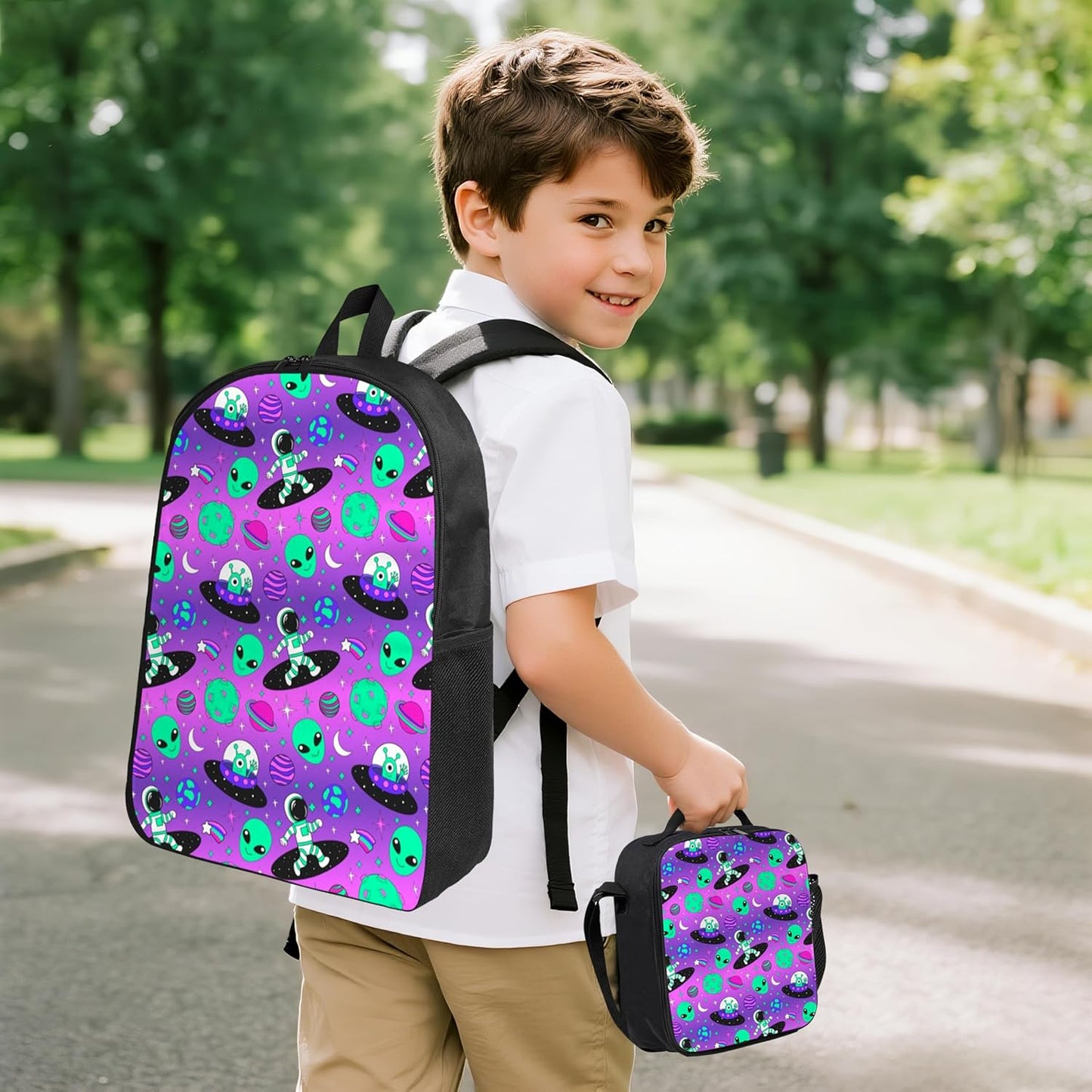 Alien Space Kid Backpack Set with Lunch Bag & Pencil Case Large Capacity School Bag 17 Inch Bookbag for Boy Girl