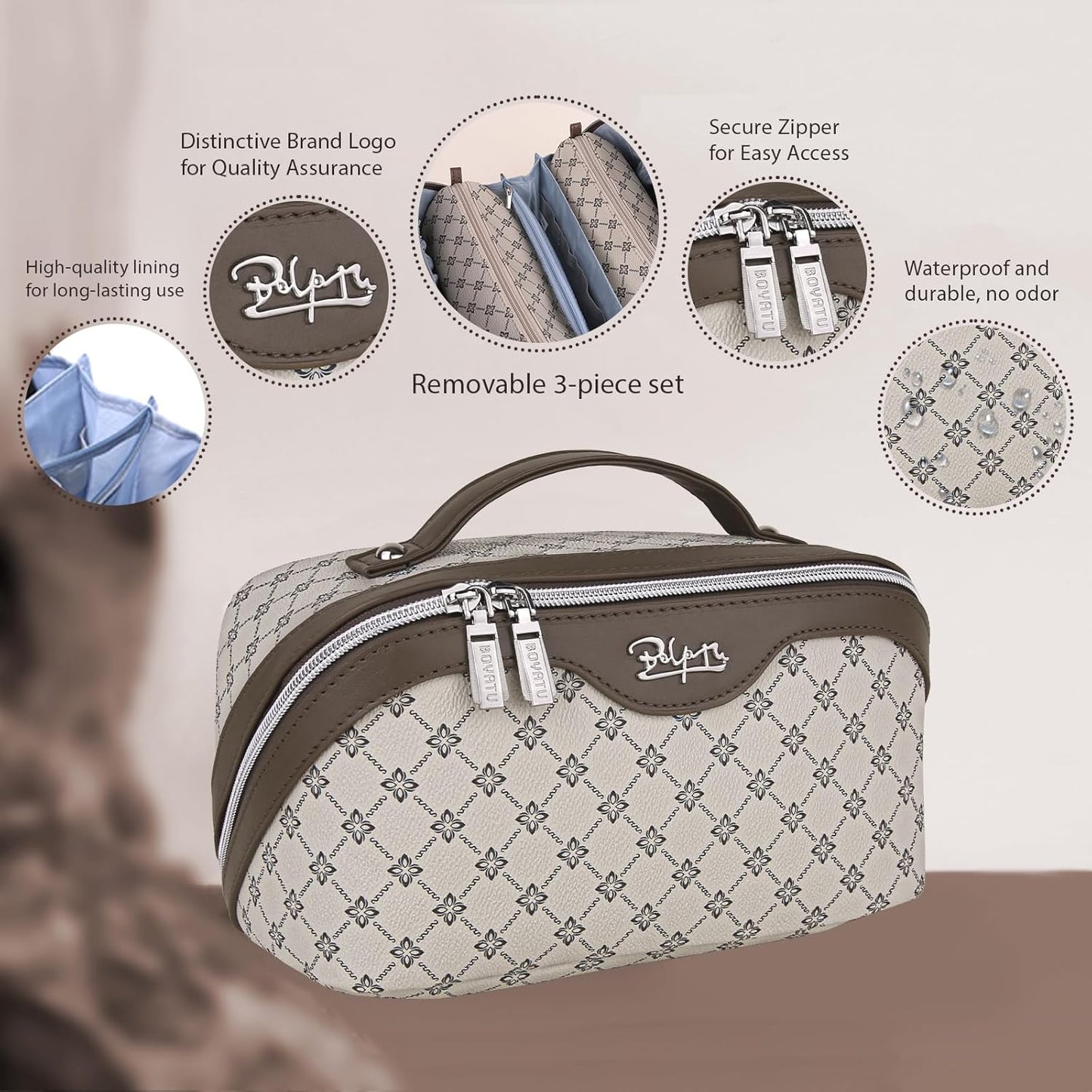 BOYATU Travel Makeup Bag Cosmetic Bags for Women: 3 Pcs Set Large Portable Make up Bag with Handle - Vegan Leather Toiletry Bags with Compartments - Makeup Organizer for Travel Essentials(A-3-Khaki)