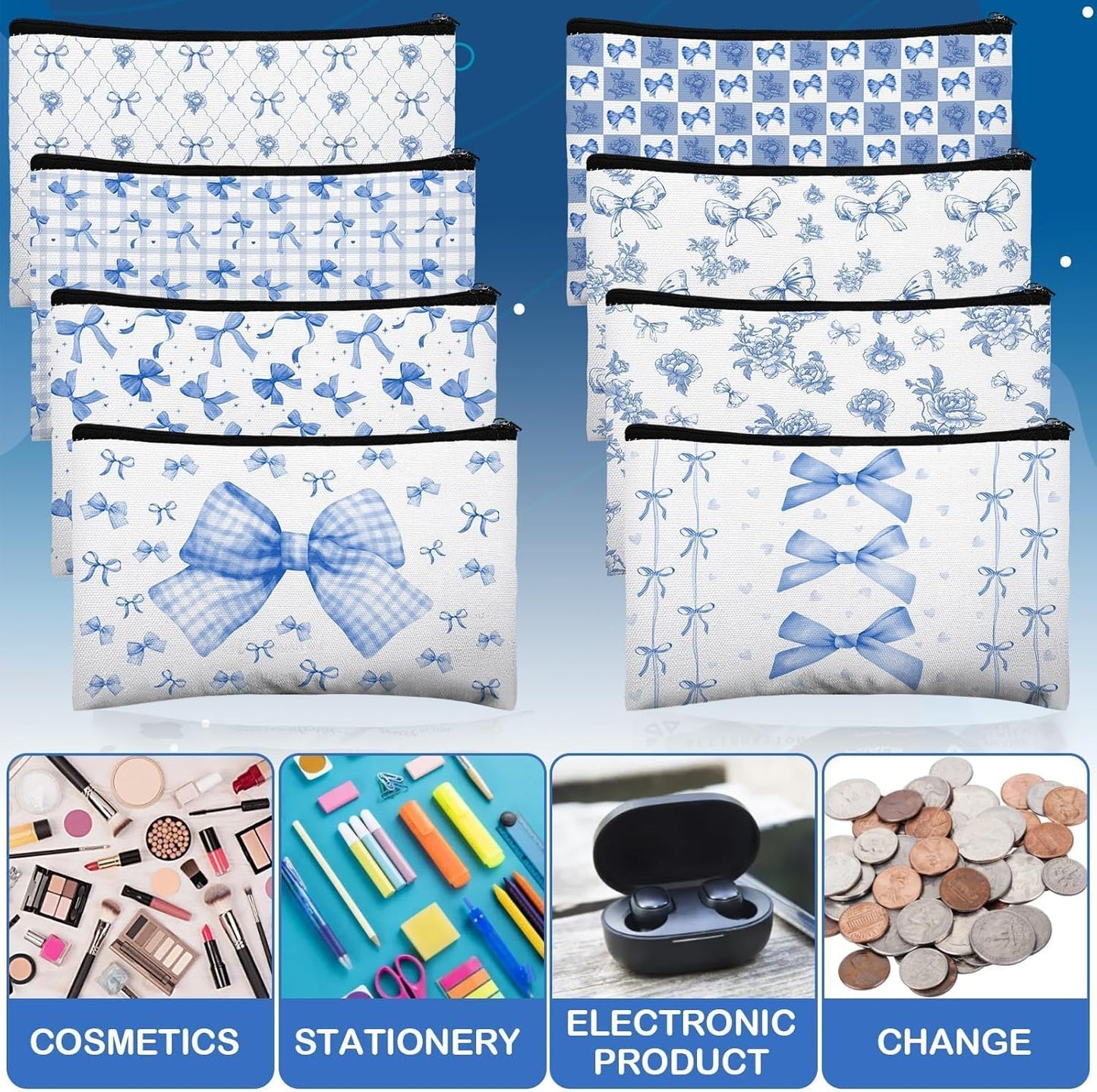 16 Pcs Bow Makeup Bags Bulk for Women Blue Coquette Aesthetic Preppy Cosmetic Bags Bow Floral Canvas Toiletry Bags Aesthetic Travel Zipper Pouches for Bridesmaids Wedding Party Favors Supplies