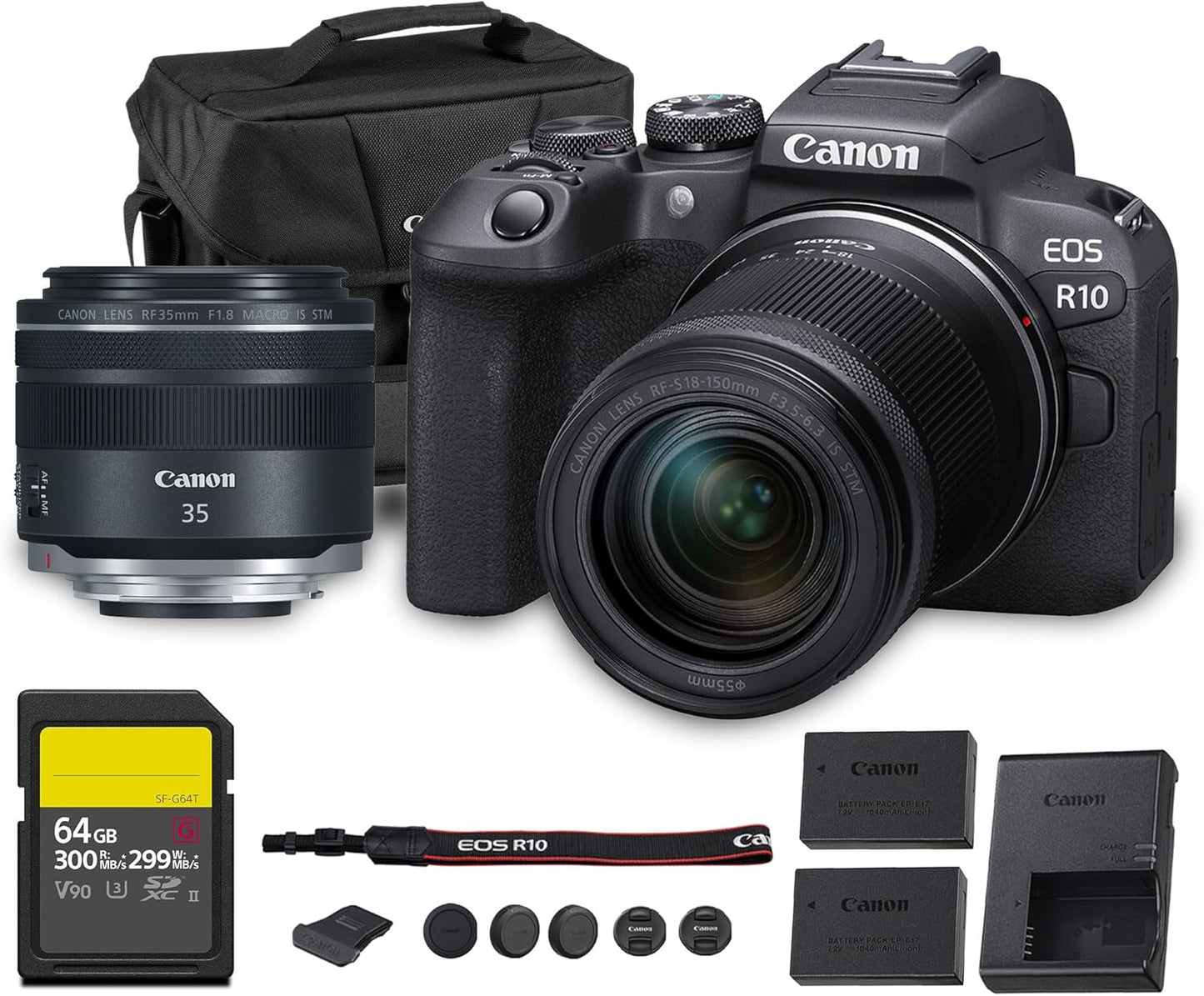 Canon EOS R10 Mirrorless Camera Kit | 24.2MP APS-C Sensor with RF-S 18-150mm Lens | 4K Video Dual Pixel AF Compact Travel Photography (5331C016) + Canon RF 35mm Lens + 64GB Card + LP-E17 Battery + Bag