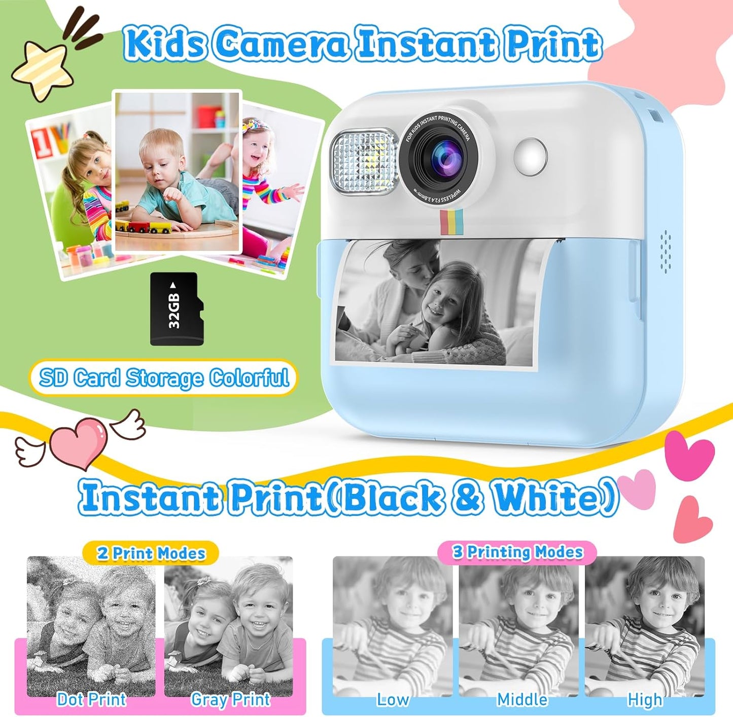 Kids Camera for Boys, 1080P Instant Print, Kids Christmas Birthday Gifts, Blue