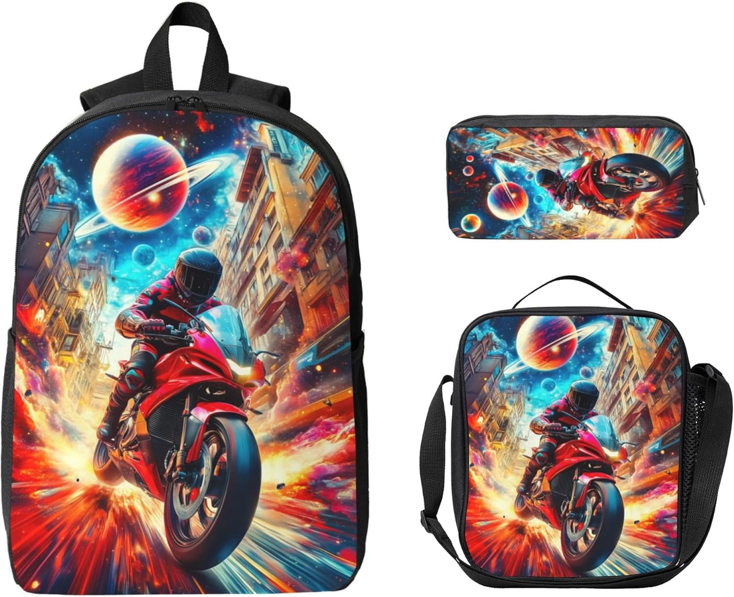 Motorcycle Kid Backpack Set with Lunch Bag & Pencil Case Large Capacity School Bag 17 Inch Bookbag for Boy Girl