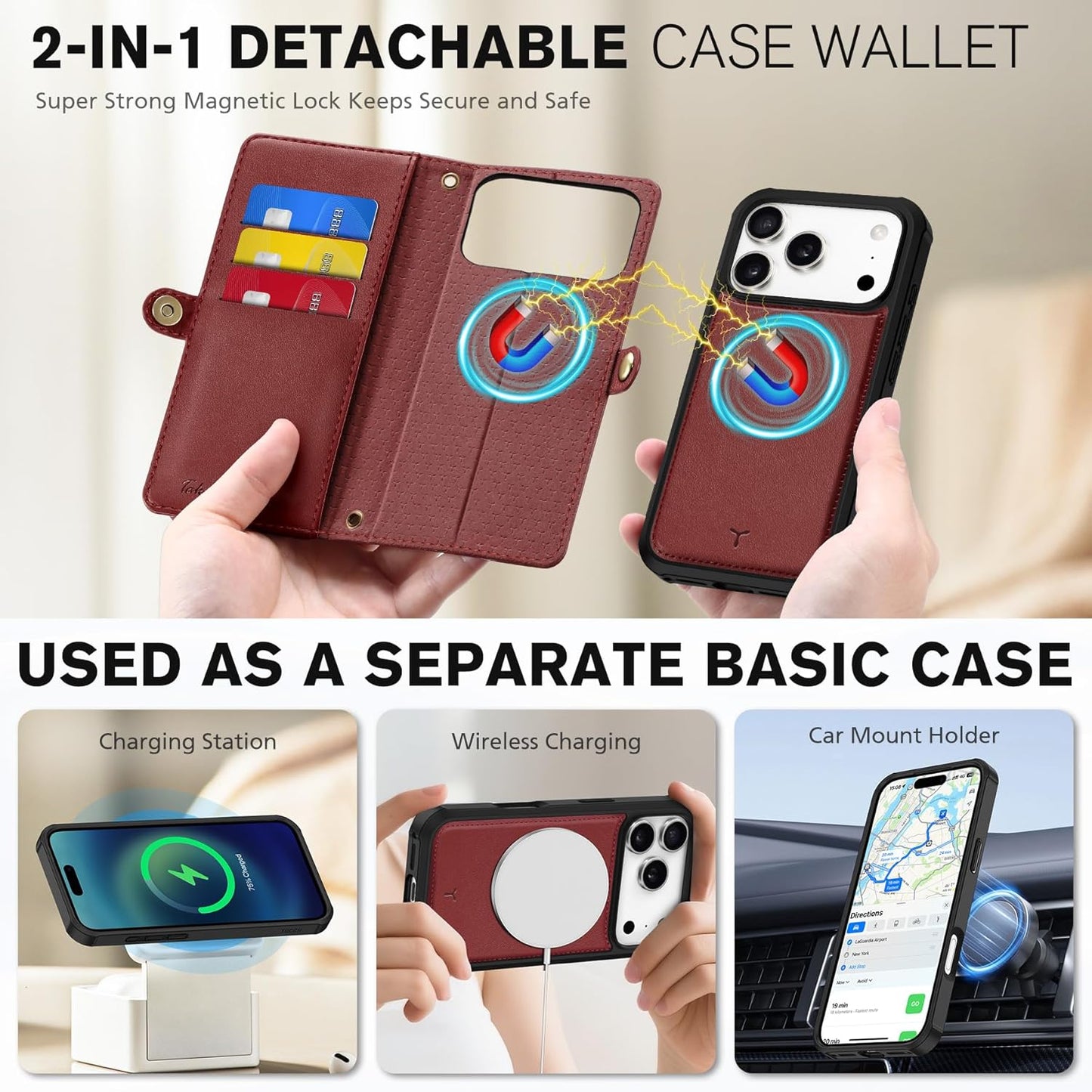 TUCCH Detachable Crossbody Case Wallet for iPhone 17 Pro 6.3", Wireless Charging | RFID Blocking 9 Card Holders | Lanyard | Wrist Strap | Stand | Zipper Pocket | PU Leather | Magnetic Cover | Dark Red