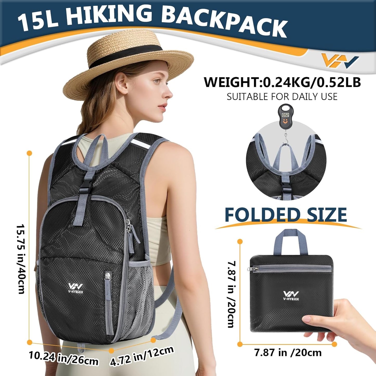 15L Foldable Hiking Backpack,Lightweight Packable Waterproof Machine Washable Daypack with Chest Strap,Small Folding Pack for Travel/Walking for Men&Women-0.52LB Black