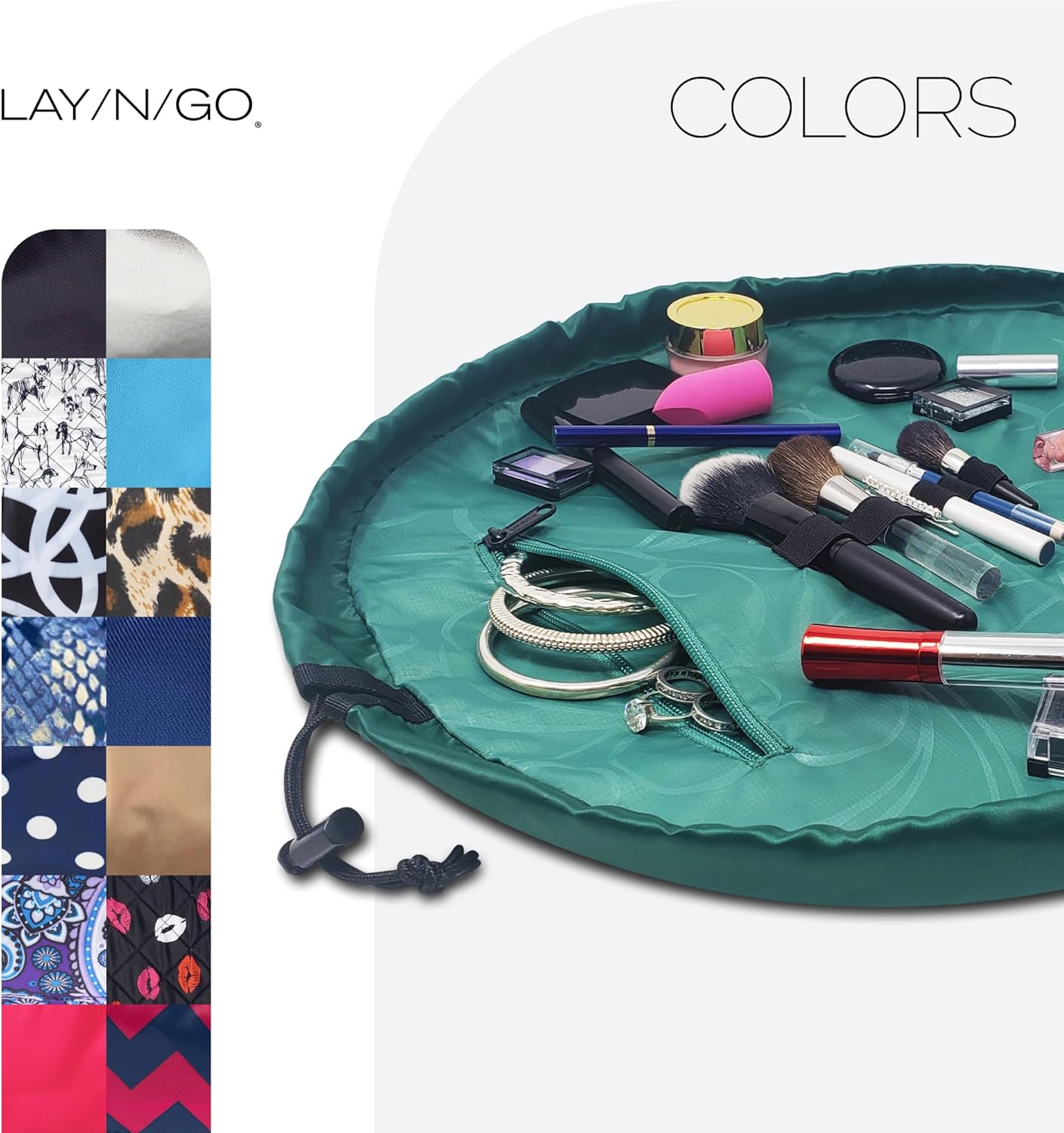 Lay-n-Go Cosmo Lay Flat Drawstring Cosmetic & Makeup Bag Organizer - Zipper Pocket, Brush Loops & More - Durable, Machine Washable Toiletry Carrier for Travel, Cinch Closure, Gift (20", Evergreen)