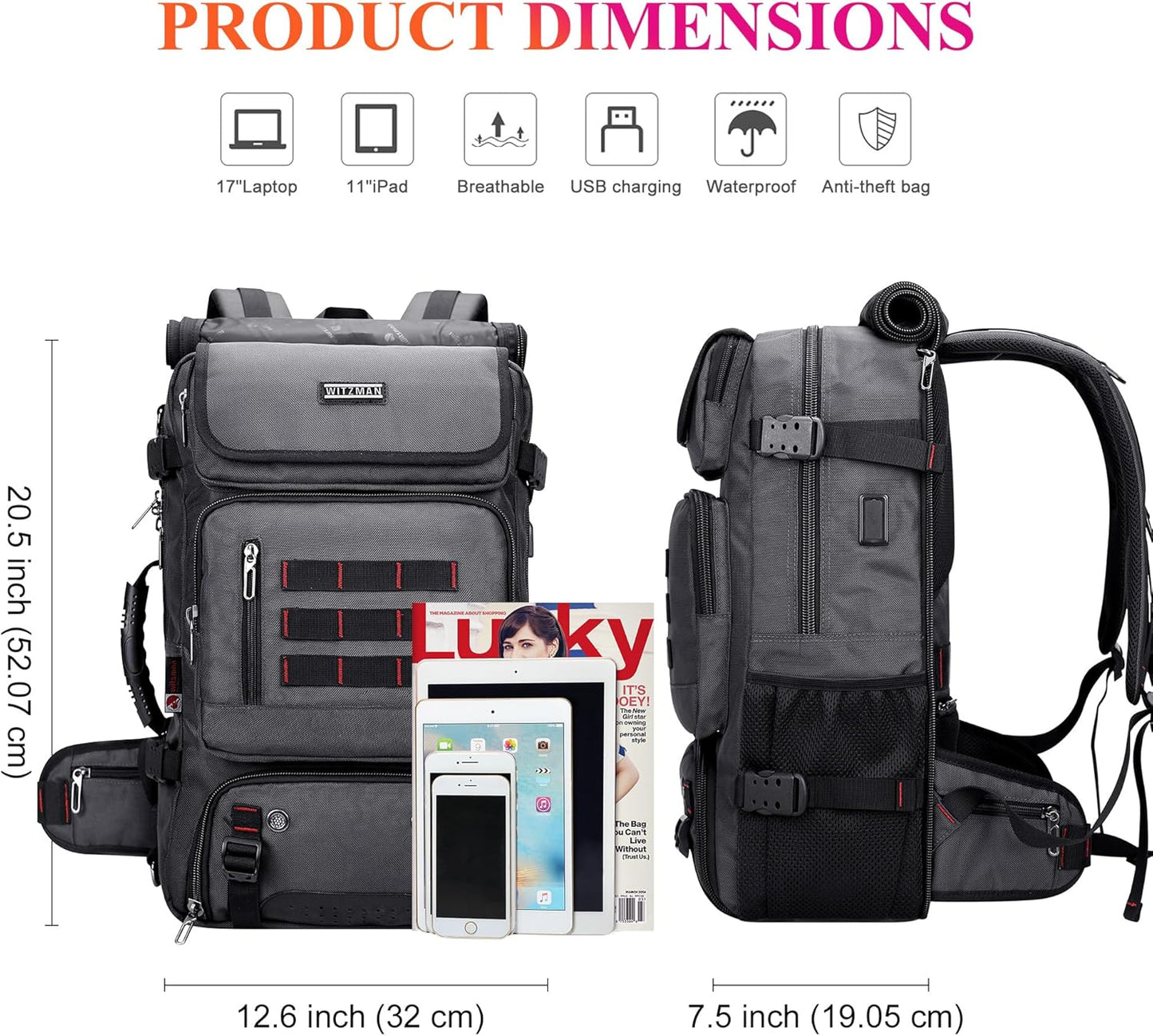 WITZMAN Carry on Travel Backpack for Men Women Airline Approved Convertible Nylon Duffle Backpack Luggage Bag (B682 Silvery Grey)