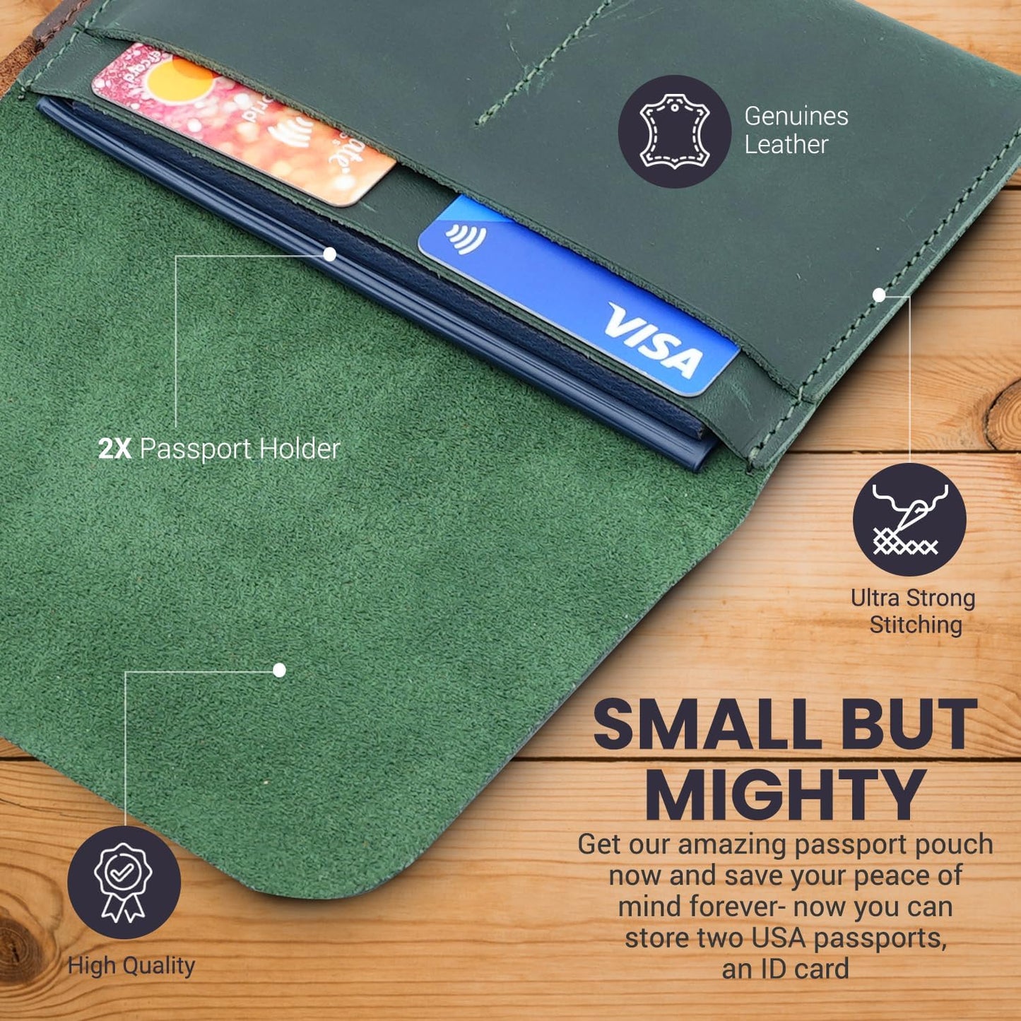 Leather Passport Holder with Travel Wallet, Genuine Leather Passport Cover- Passport Wallet, Leather Folding Wallet for Passports (Strap, Green)