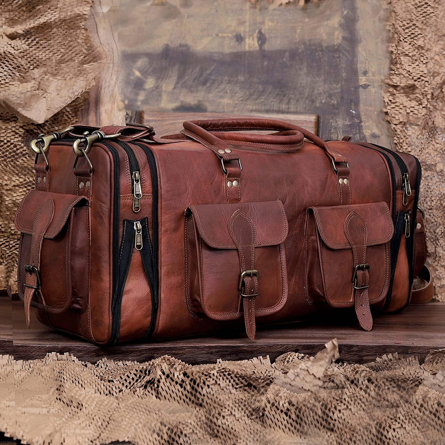 Handmade Vintage Travel Luggage 30 Inch Duffel Gym Sports Bag Weekender Travel Overnight Carry One Duffel Bag For Men (32 inch large)