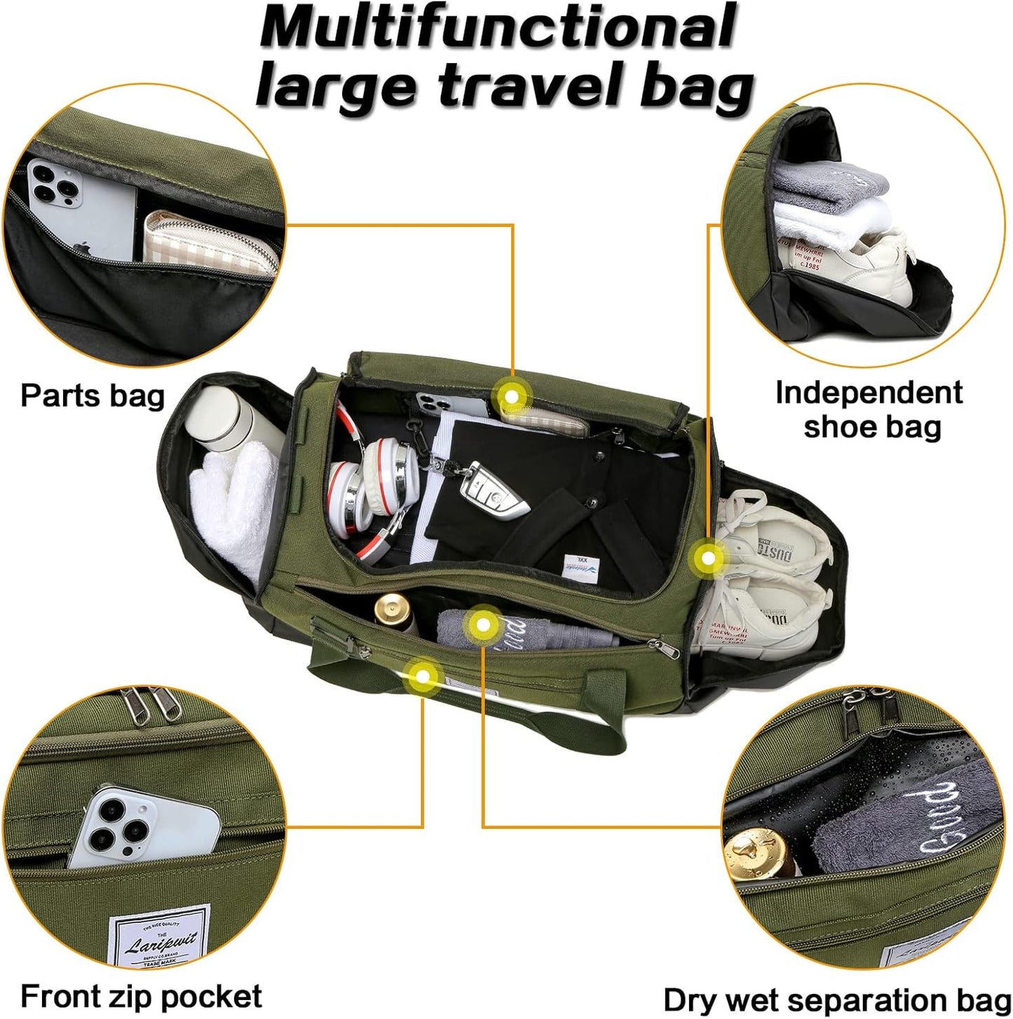 Laripwit Travel Duffle Bag for men 40L Medium Sports Gym Bag with Wet Pocket & Shoes Compartment Weekender Overnight Backpack for Traveling Duffel Bag Backpack for Women, Green