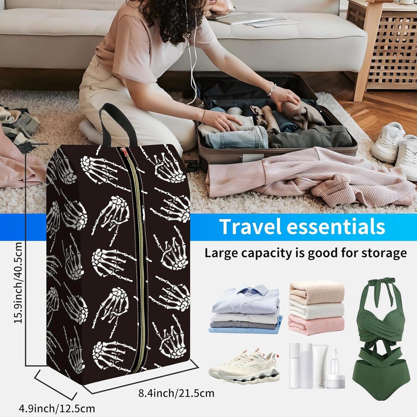 2pcs Shoe Organizer for Travel, Packing Shoe Travel Bags, Cute Shoe Bag with Zipper & Handle, Portable Travel Essentials for Women and Men Skull Finger