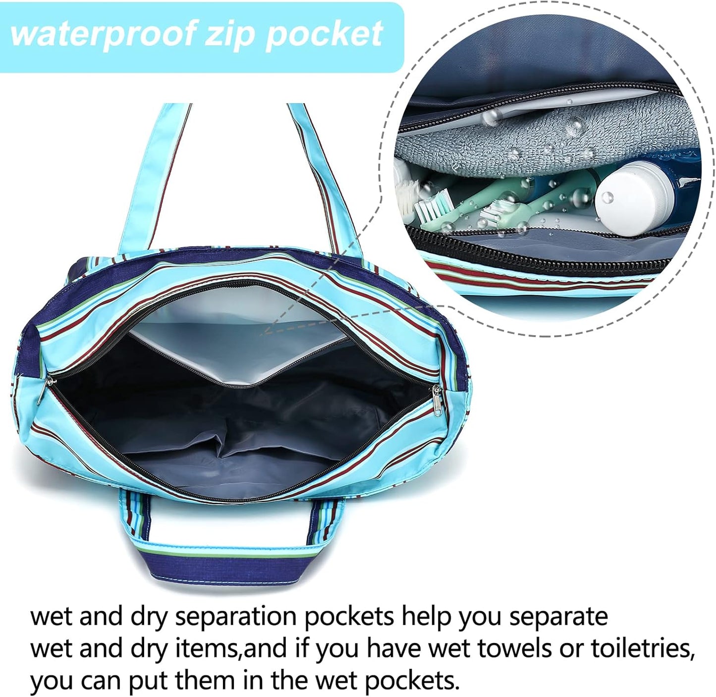 LEDAOU Beach Bag Waterproof Sandproof Women Tote Bag Pool Bag with Zipper for Gym Grocery Travel with Wet Pocket