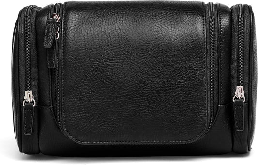 Leatherology Premium Ebony Small Hanging Toiletry Kit – Compact Leather Travel Organizer with Interior Zip Pockets, Mesh Pouches & Hanger | Full-Grain Leather Toiletry Bag for Men & Women