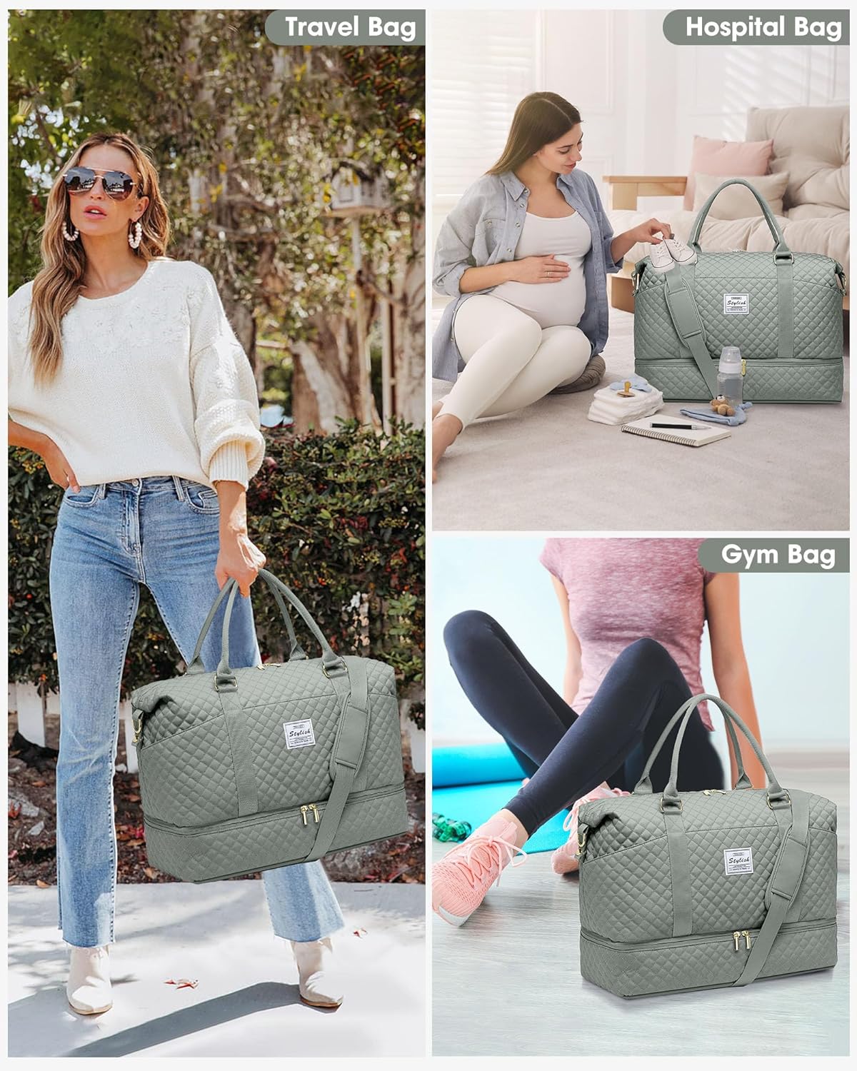 Weekender Bags for Women Duffle Bag - Travel Duffel Bag with Shoe Compartmen Carry on Overnight Bag with Toiletry Bag Gym Tote Bag with Wet Pocket Hospital Bags for Labor and Delivery Green