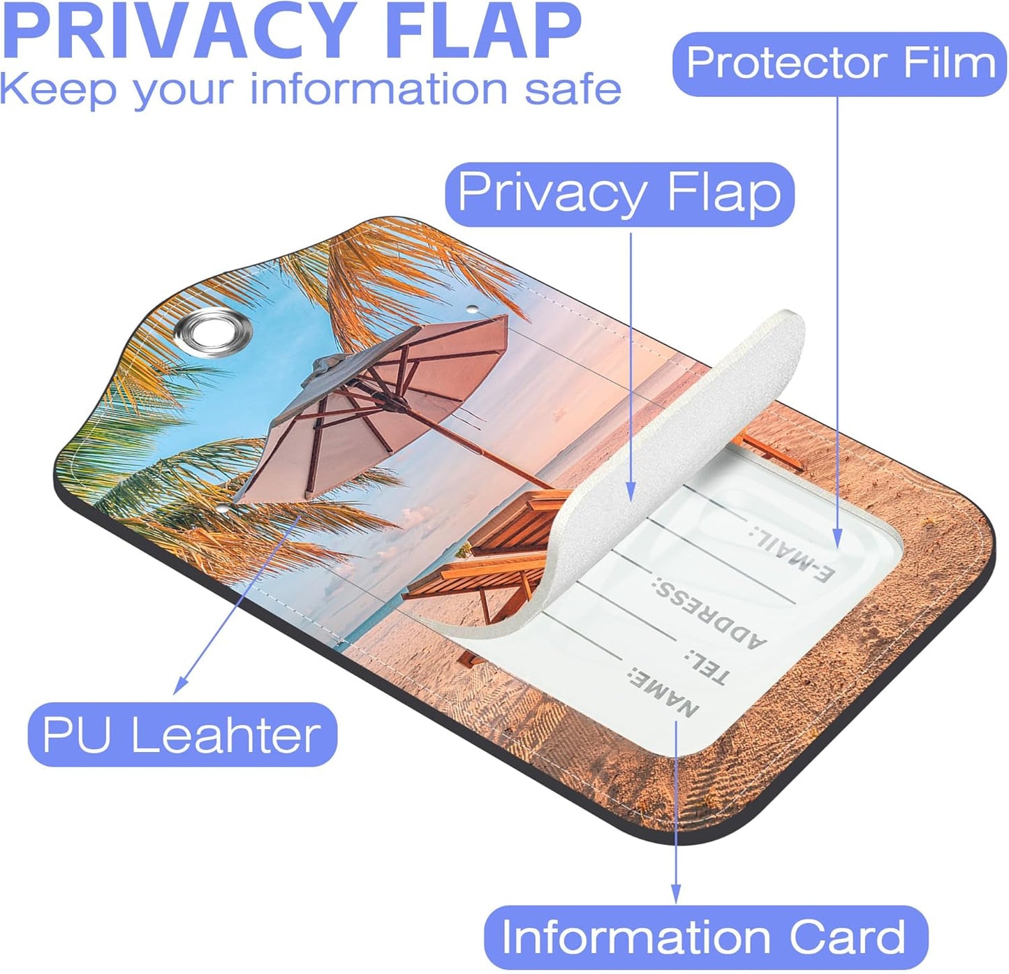 Luggage Tags for Suitcase Chairs Umbrella in Palm Beach 2 PCS Leather Travel Luggage Tag with Stainless Steel Loop Name ID Label Privacy Cover for Women Men Travel