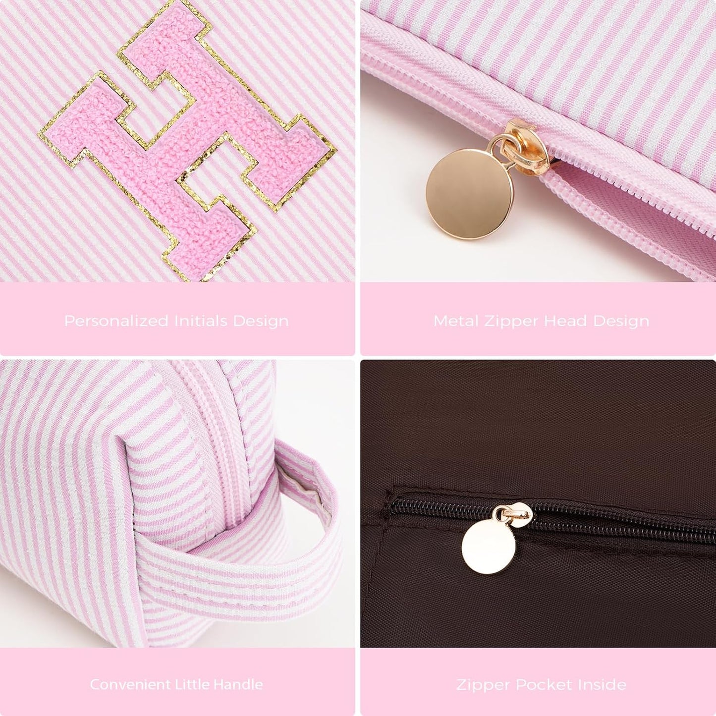 Monogrammed Gifts for Women - Cosmetic Bag for Teen,Initial Cute Makeup Bag Set for Women,Trendy Pouch for Niece Sister Friend Female Her,Birthday Gifts for Daughter - Pink,H