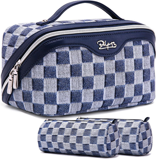 BOYATU Travel Makeup Bag for Women: Large Cosmetic Bag Set of 3 - PU Leather Make up Bag with Compartments - Compact Waterproof Toiletry Bag with Divider & Handle (D-5-Deep Blue)