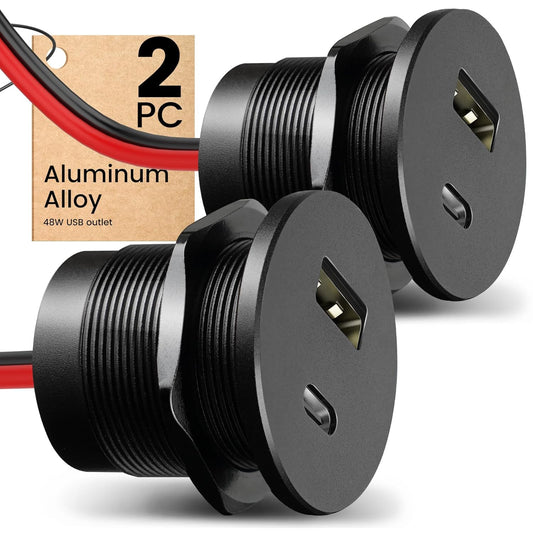12V USB Outlet Alumium Charger, 48W PD and QC 3.0 USB C Cigarette Lighter Replacement, RV USB Outlet Wall Mount, 12 Volt Socket no Light for RV Trailer Camper Van Car Boat 24V (2Pcs)