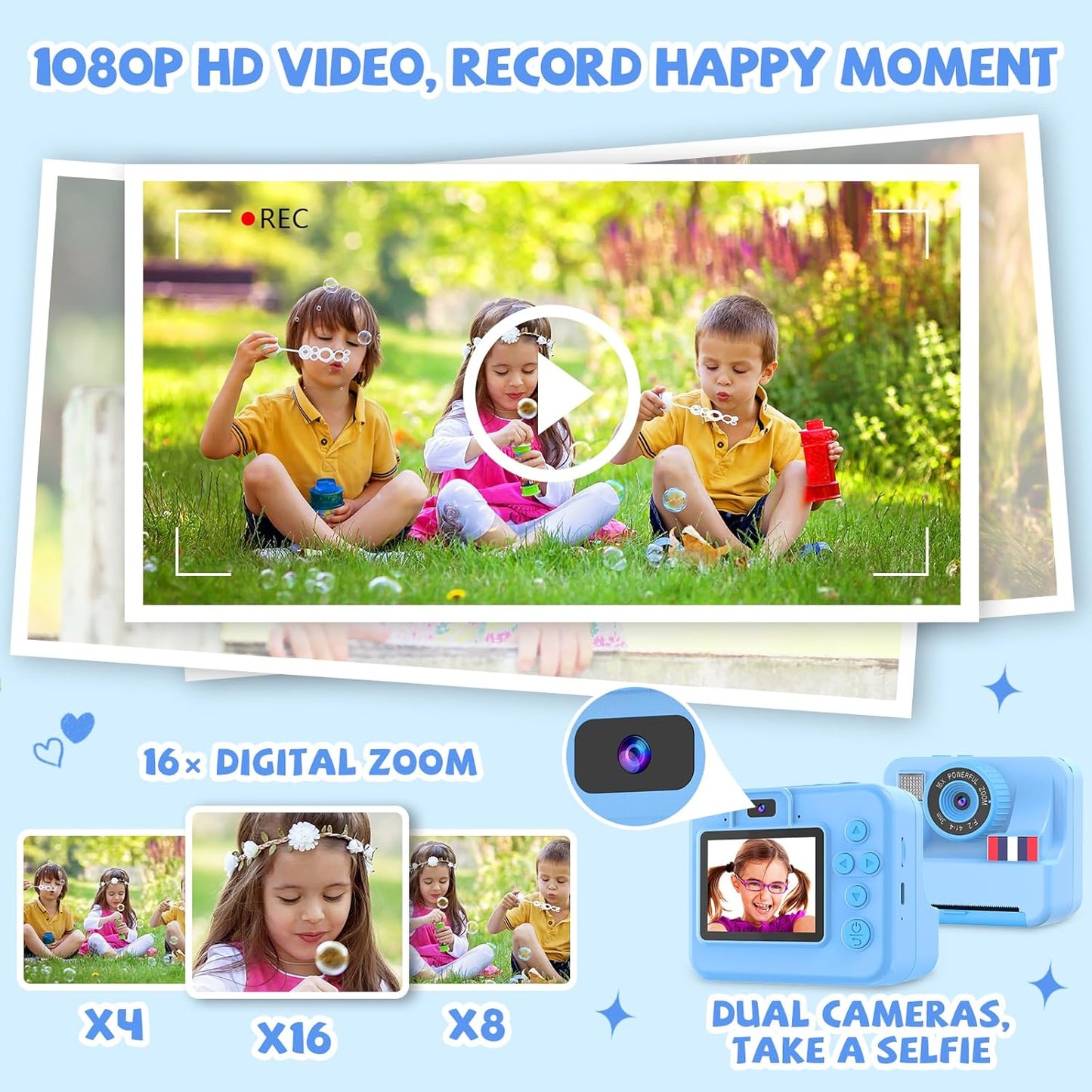 Instant Print Camera for Kids - Christmas Birthday Girls Boys Gifts for Age 3 4 5 6 7 8 9 10 Year Old, 2.4 Inch Screen Kids Instant Camera, Kid Digital Video Dual Cameras with 32 GB SD Card
