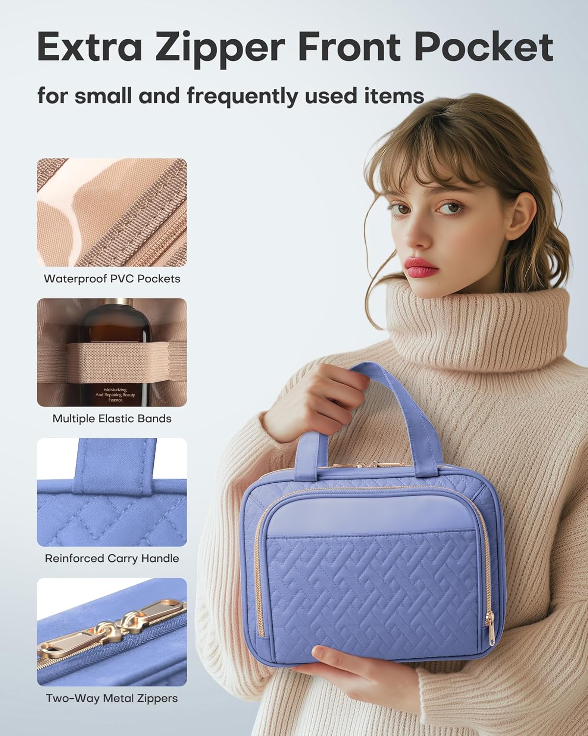 HOTOR Travel Toiletry Bag for Women & Men, Waterproof Makeup Bag with Hanging Hook and Multiple Pockets, Cosmetic Bags for Women, Travel Essentials, 12.6'' x 4.3'' x 9.9'', Aegean-Blue