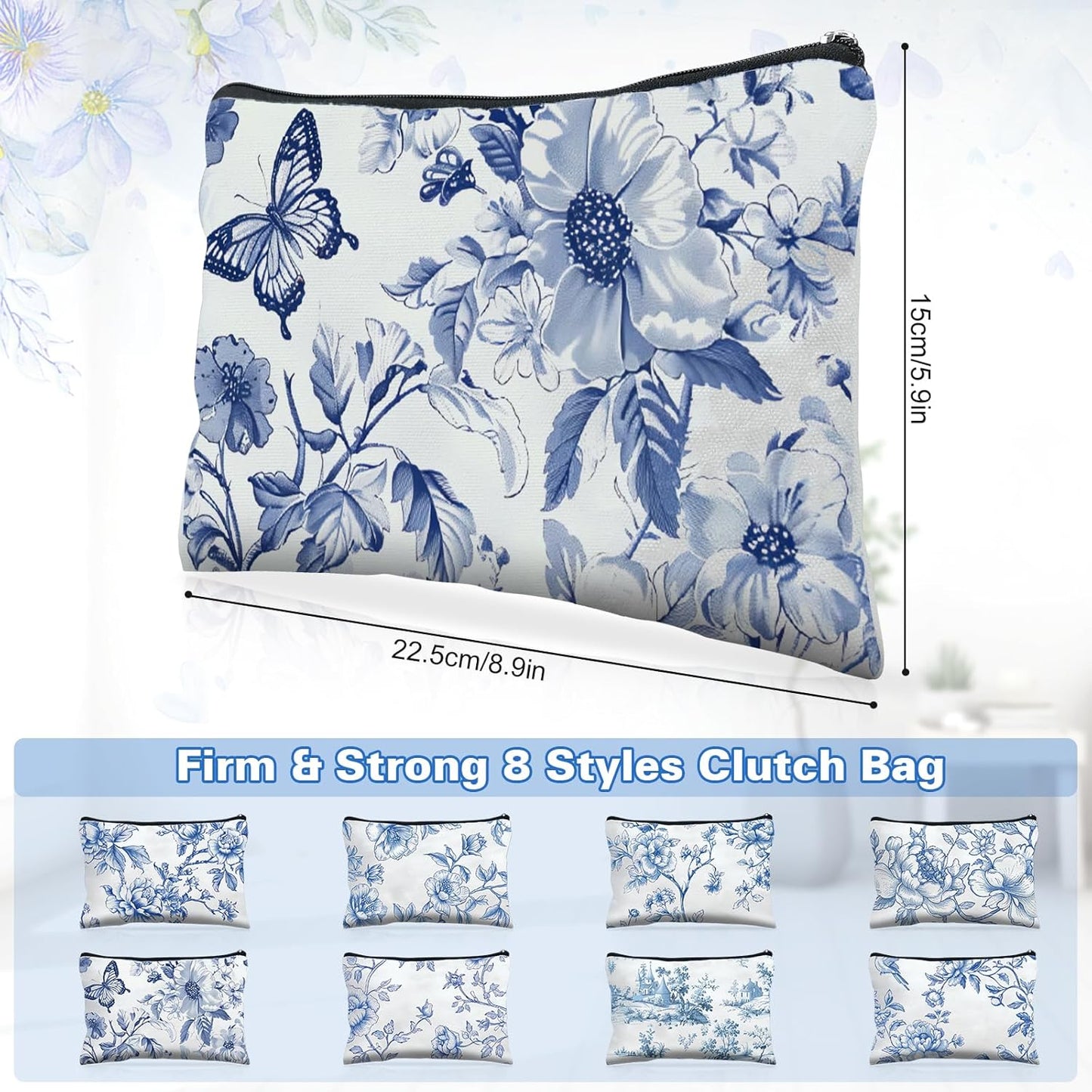 16 Pcs Floral Cosmetic Bags Bulk for Women Blue and White Floral Makeup Bags Chinoiserie Canvas Travel Zipper Pouches Aesthetic Toiletry Bag for Girls Women Bridesmaids Wedding Supplies