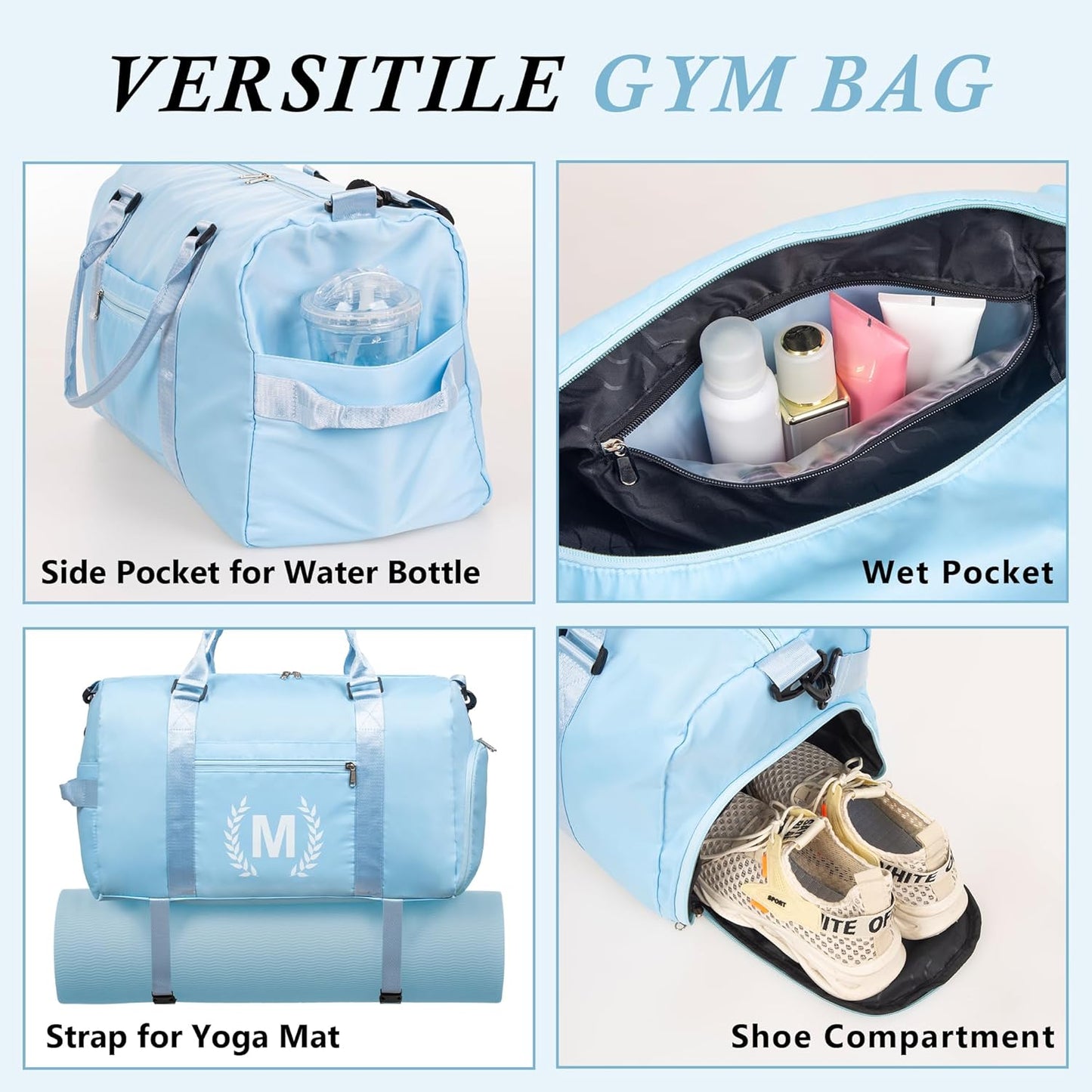 Gym Bag for Women, Personalized Duffle Bag with Shoe Compartment, Sports Bag for Yoga & Dance with Wet Pocket and Mat Strap.