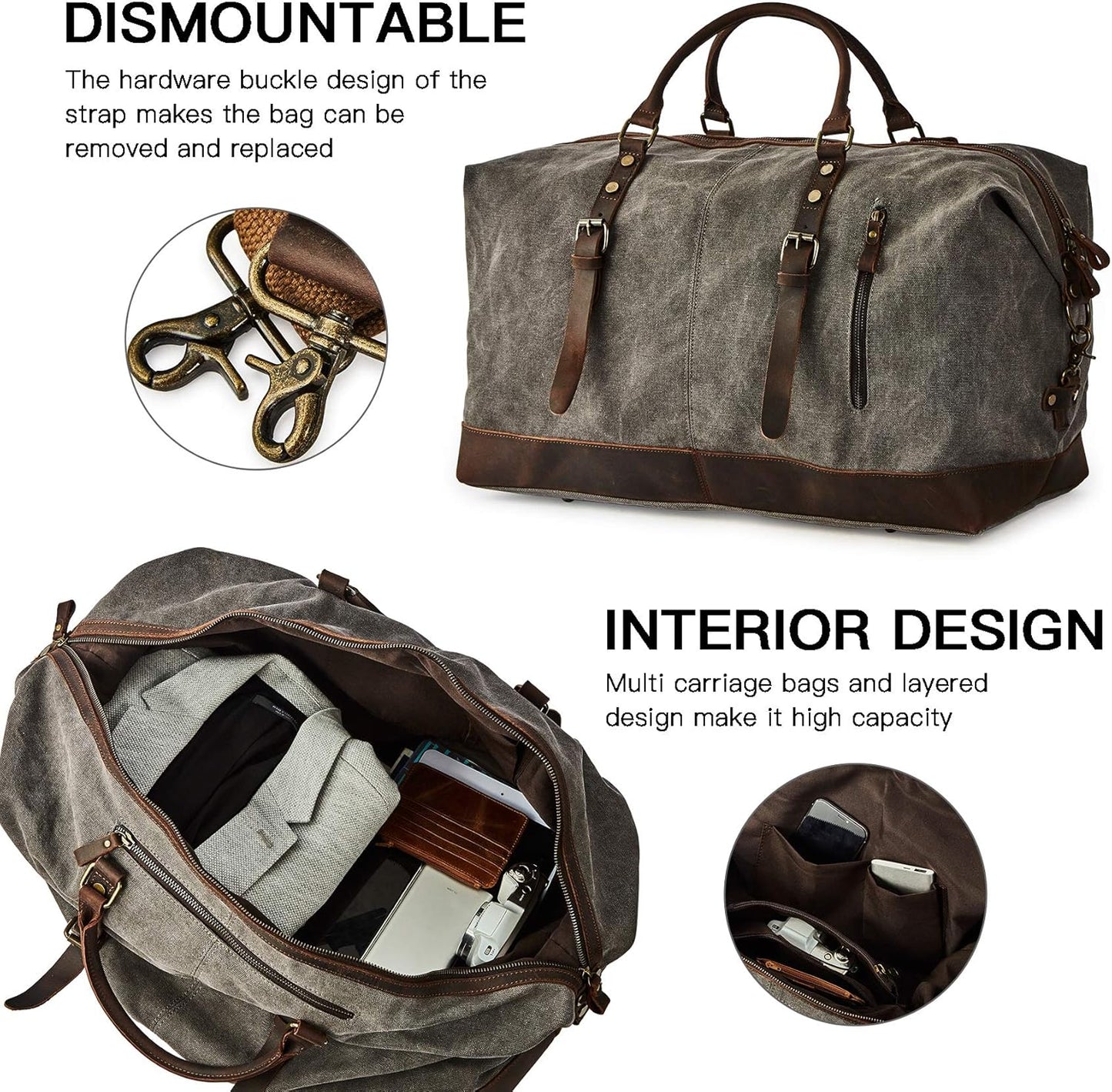 Oversized Canvas Genuine Leather Trim Travel Tote Duffel Shoulder Weekend Bag Weekender Overnight Carryon Handbag