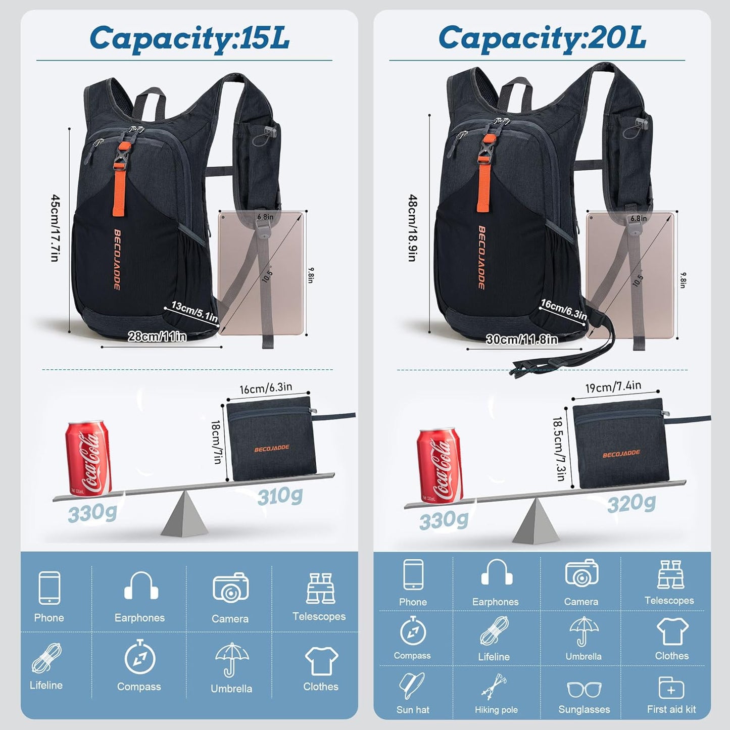 15L Small Hiking Backpack for Men Women Foldable Packable Back Pack Ultralight Hiking Daypack for Travel Camping Outdoor, Black