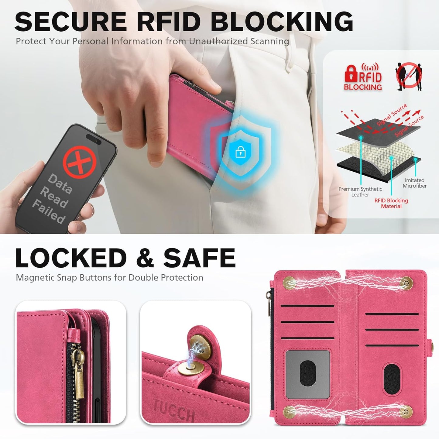 TUCCH Detachable Crossbody Case Wallet for iPhone 17 Pro 6.3", Wireless Charging | RFID Blocking 9 Card Holders | Lanyard | Wrist Strap | Stand | Zipper Pocket | PU Leather | Magnetic Cover | Hot Pink