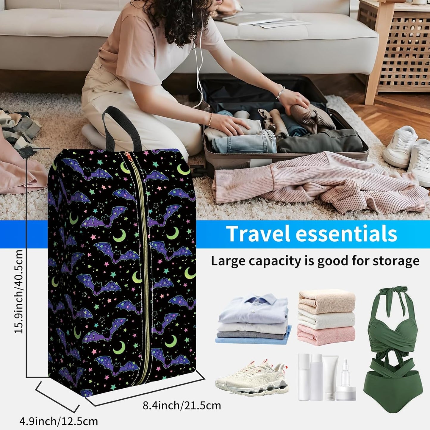 2pcs Shoe Organizer for Travel, Packing Shoe Travel Bags, Cute Shoe Bag with Zipper & Handle, Portable Travel Essentials for Women and Men Neon Bats