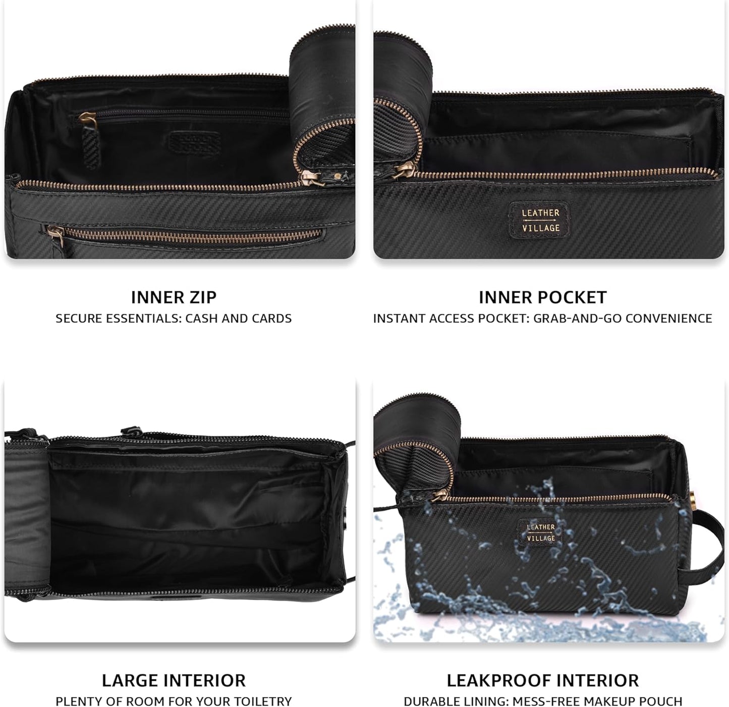 LEATHER VILLAGE Premium Carbon Fiber Genuine Leather Travel Toiletry Bag - Large Compact Dopp Kit, Water-Resistance Shaving & Cosmetic Organizer for Men & Women - Black
