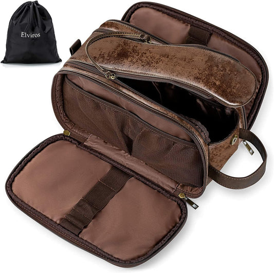 Elviros Toiletry Bag for Men, Large Travel Shaving Dopp Kit Water-resistant Bathroom Toiletries Organizer PU Leather Cosmetic Bags Fathers Day Gift (Medium, Chocolate)