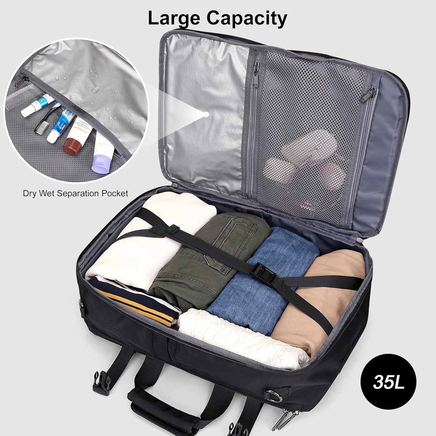 PIJUSHI Travel Backpack for Women Men Carry on Luggage Backpack Convertible Large Laptop Duffel Bag for Airplanes(PE049 Black)